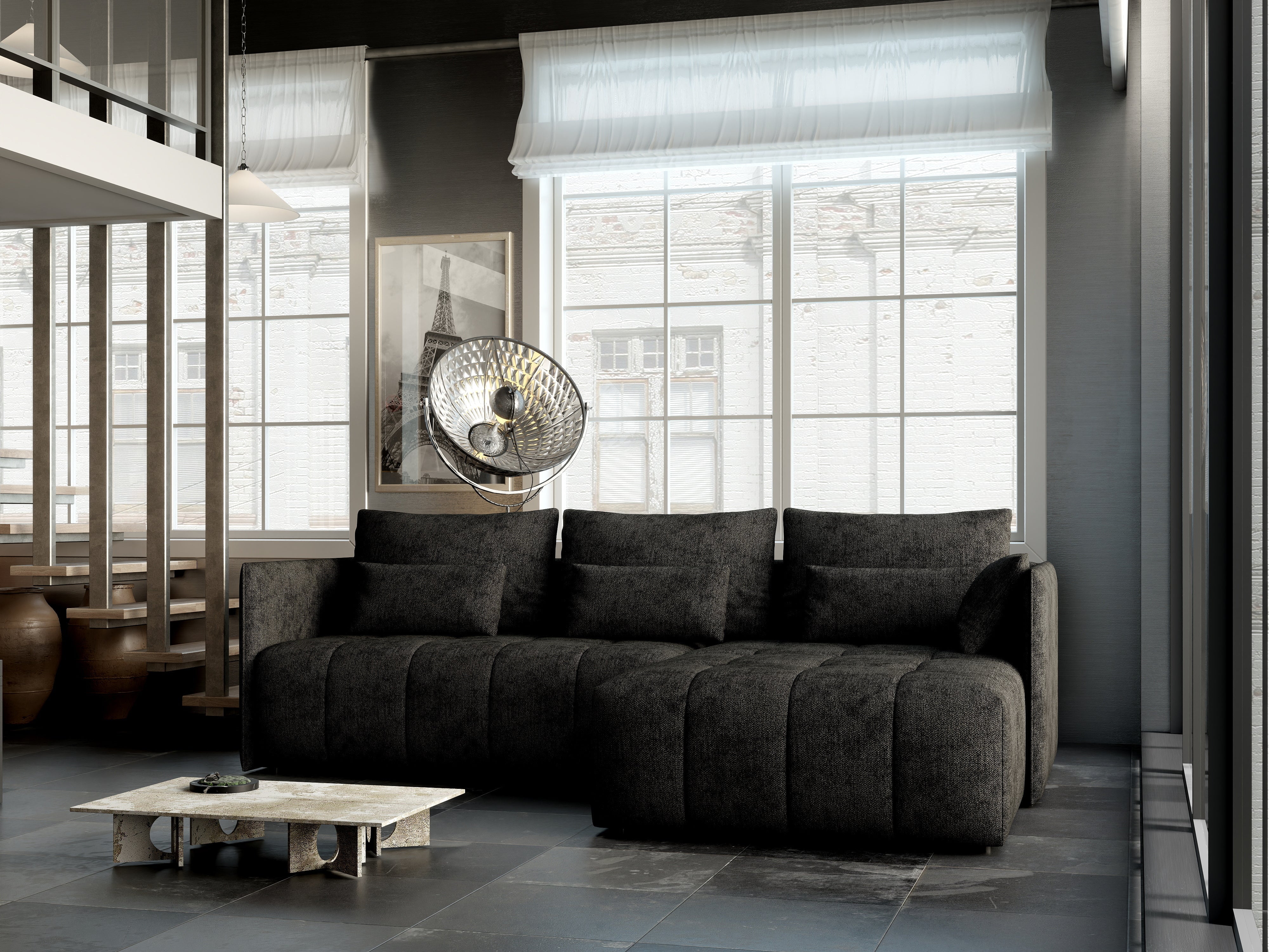 Colțar extensibil dumonde cu ladă de depozitare si sezut confortabil din spuma HR, Malta Black II 235x185 cm Fabrica