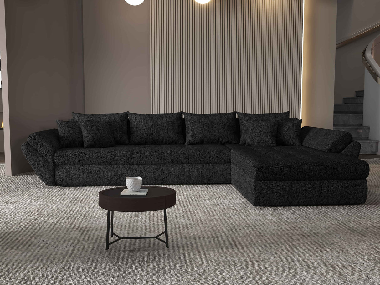 Colțar extensibil dumonde cu ladă de depozitare si sezut confortabil din spuma HR, Loana XL Enjoy Negru II 335x185 cm Fabrica