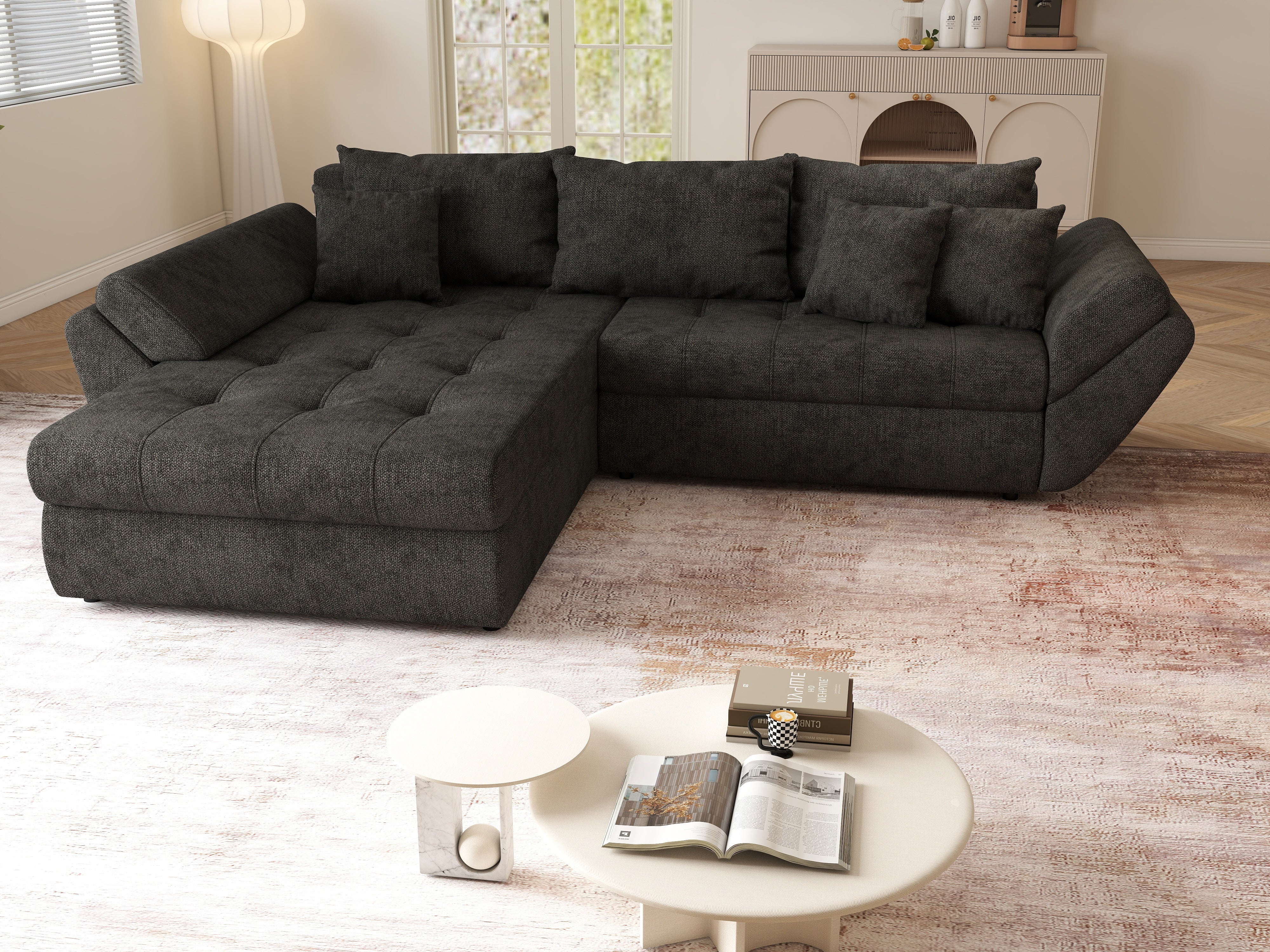 Colțar extensibil dumonde cu ladă de depozitare si sezut confortabil din spuma HR, Loana Negru II 270x185 cm Fabrica