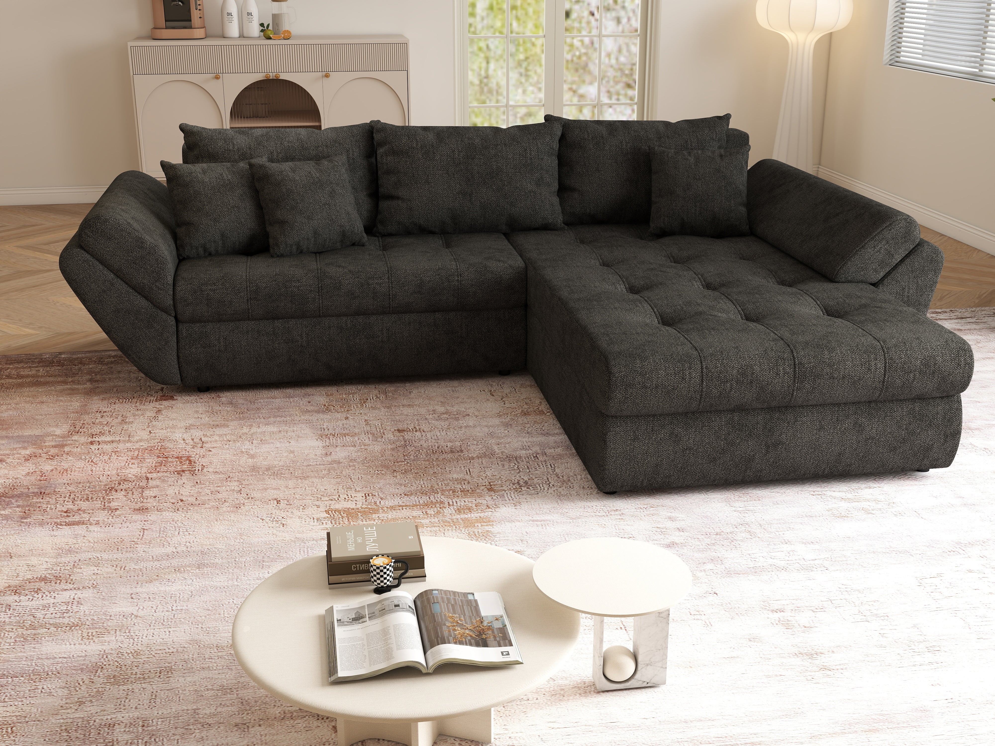 Colțar extensibil dumonde cu ladă de depozitare si sezut confortabil din spuma HR, Loana Negru 270x185 cm Fabrica