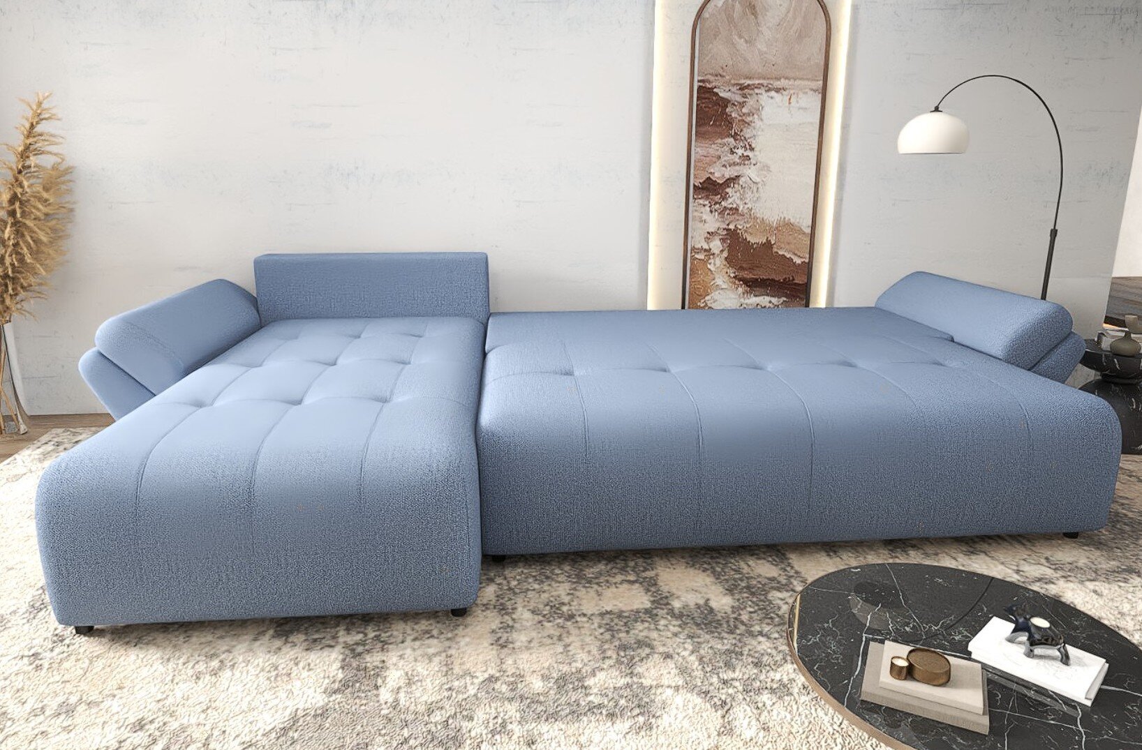 Colțar extensibil dumonde cu ladă de depozitare si sezut confortabil din spuma HR, Berlin XL Enjoy Blue 350x185 cm