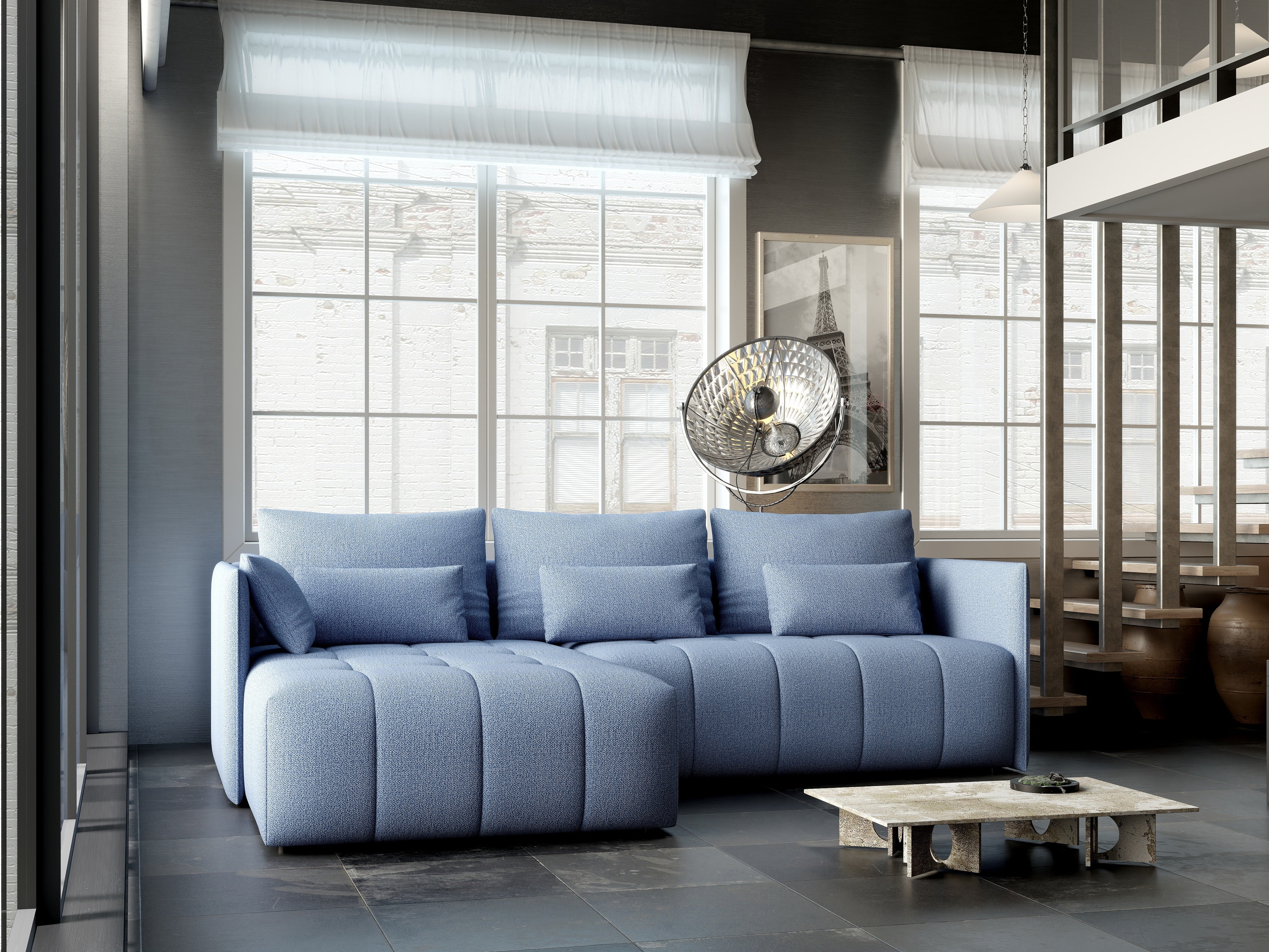 Colțar extensibil dumonde cu ladă de depozitare si sezut confortabil din spuma HR, Malta Blue 235x185 cm Fabrica