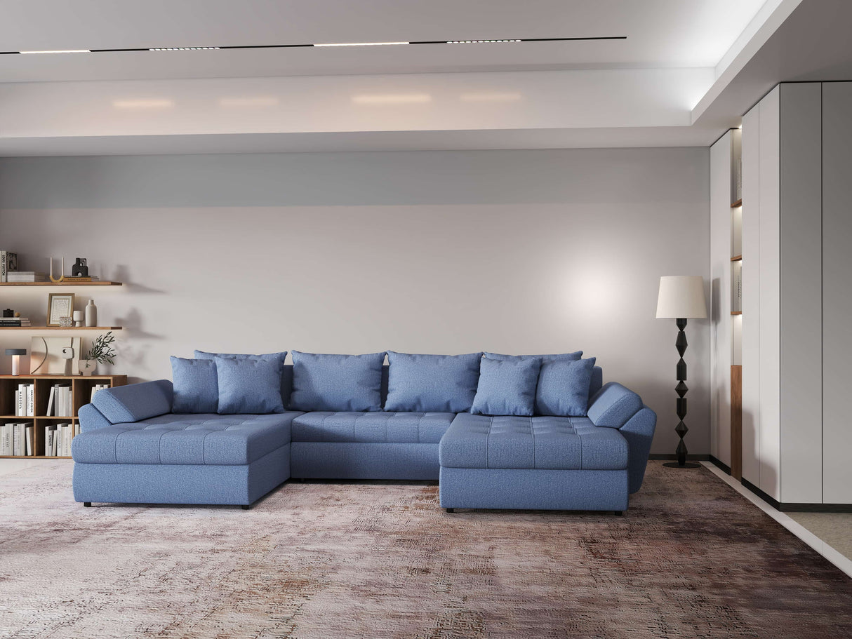 Colțar extensibil  dumonde cu ladă de depozitare si sezut confortabil din spuma HR, Loana Blue U 355x185 cm Fabrica