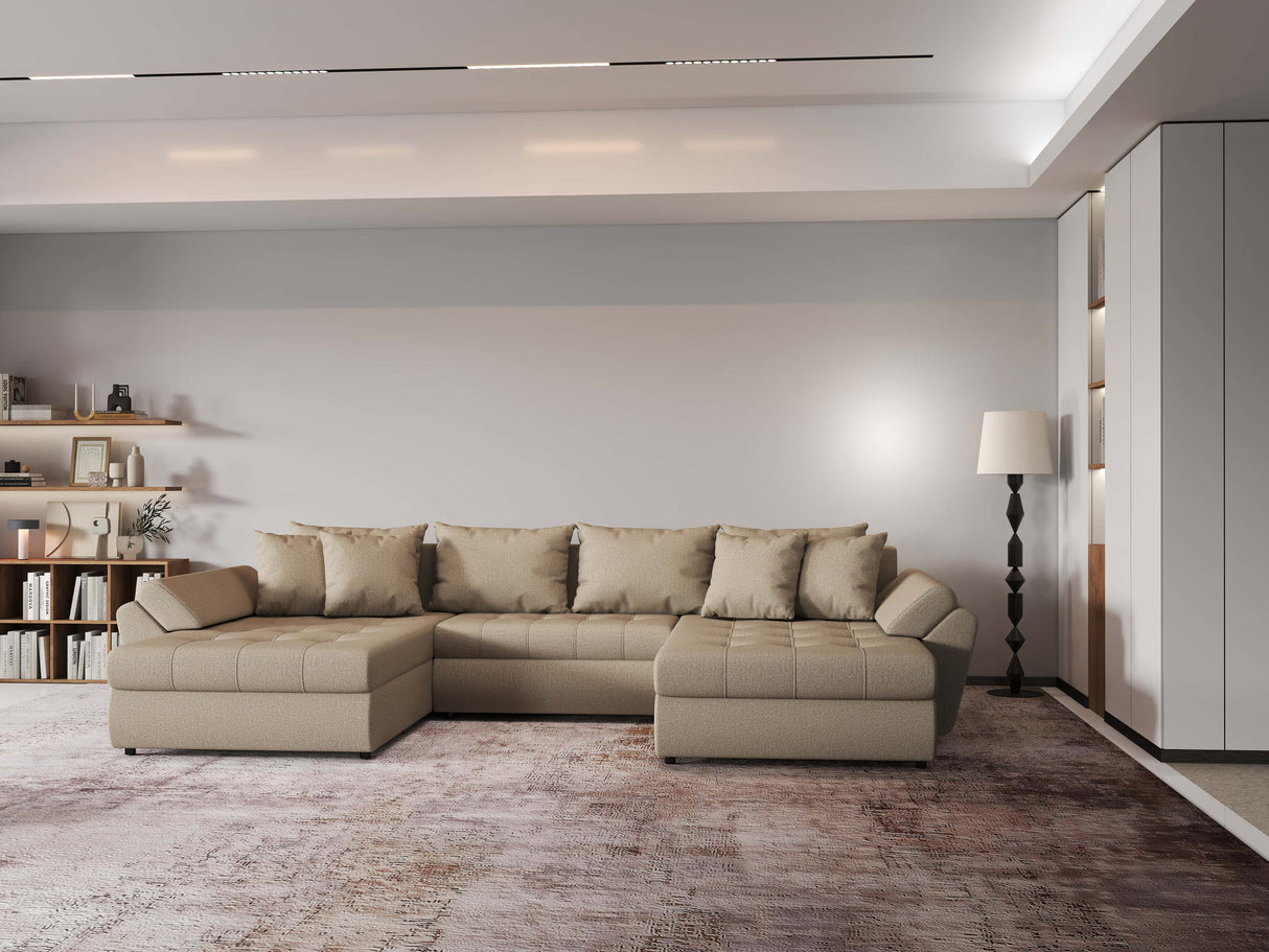 Colțar extensibil dumonde cu ladă de depozitare si sezut confortabil din spuma HR, Loana Bej U 355x185 cm Fabrica