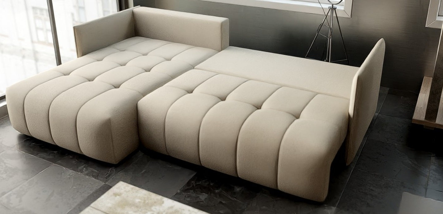 Colțar extensibil dumonde cu ladă de depozitare si sezut confortabil din spuma HR, Malta Bej 235x185 cm Fabrica