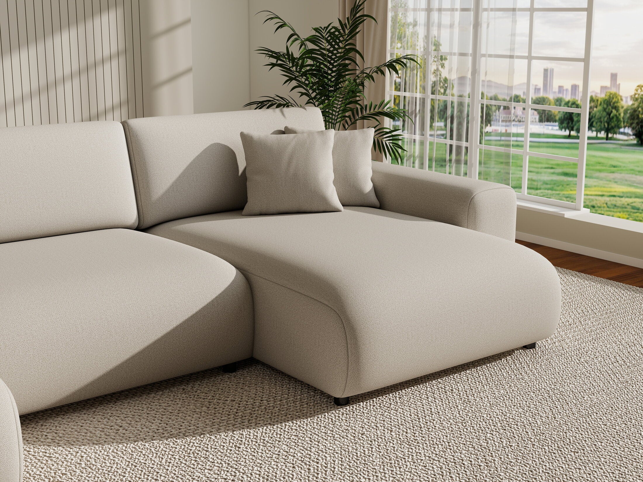 Colțar extensibil dumonde cu ladă de depozitare si sezut confortabil din spuma HR, Sarina U Enjoy Bej 350x168 cm