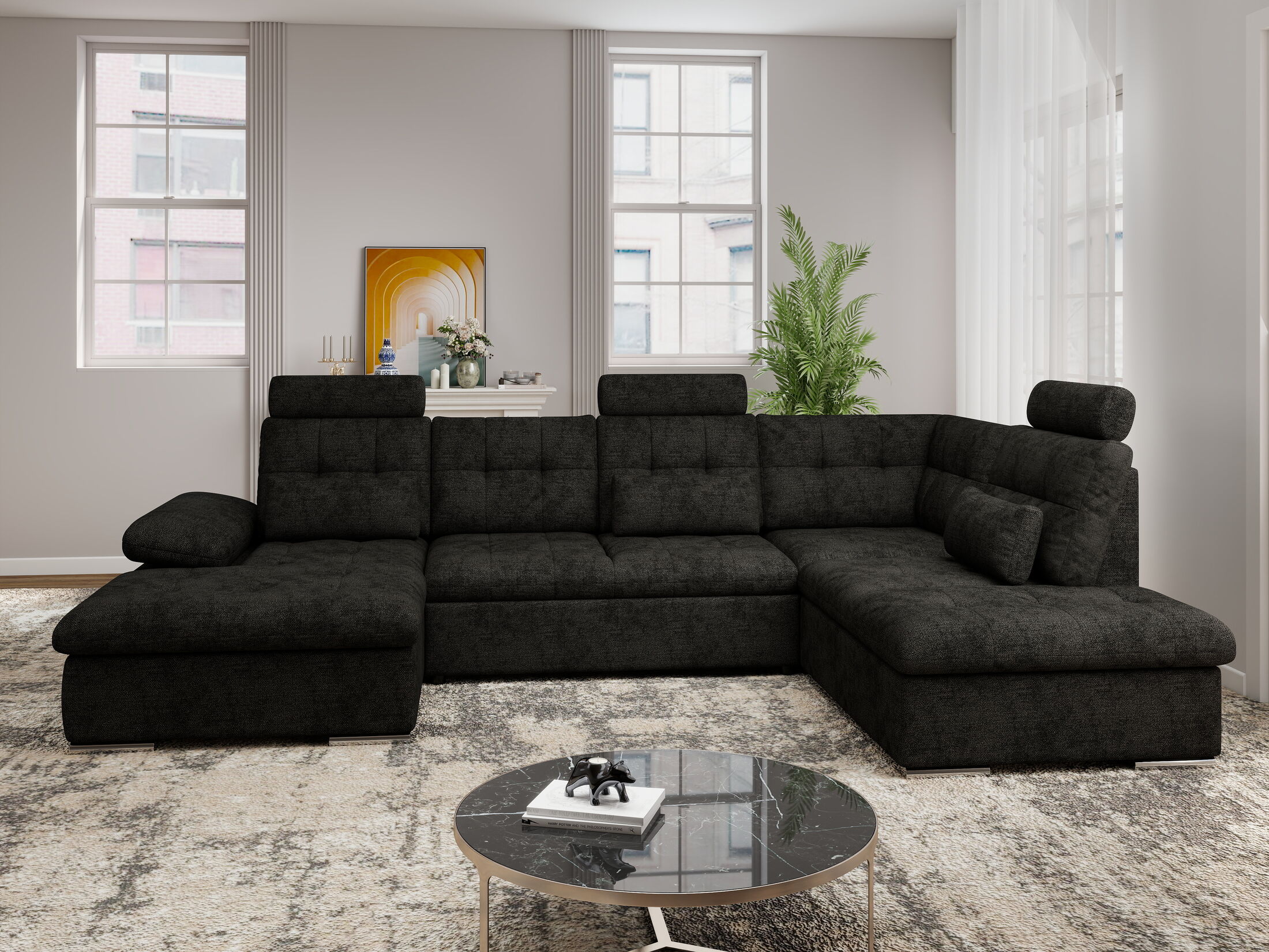 Colțar extensibil dumonde cu ladă de depozitare și șezut confortabil din spumă HR, Merkur U Enjoy Negru 324x218 cm