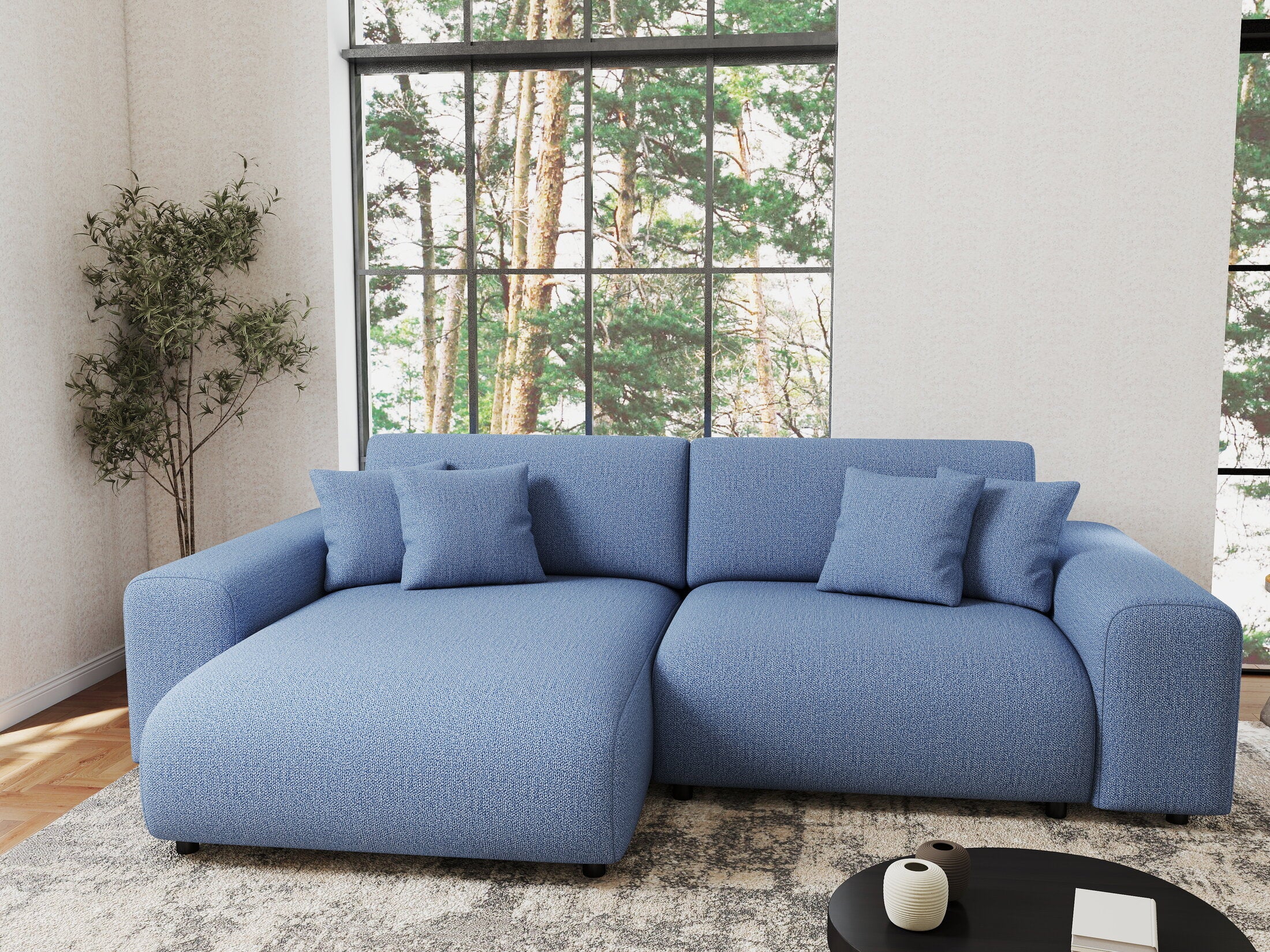 Colțar extensibil dumonde cu ladă de depozitare si sezut confortabil din spuma HR, Sarina Enjoy Albastru 255x168 cm