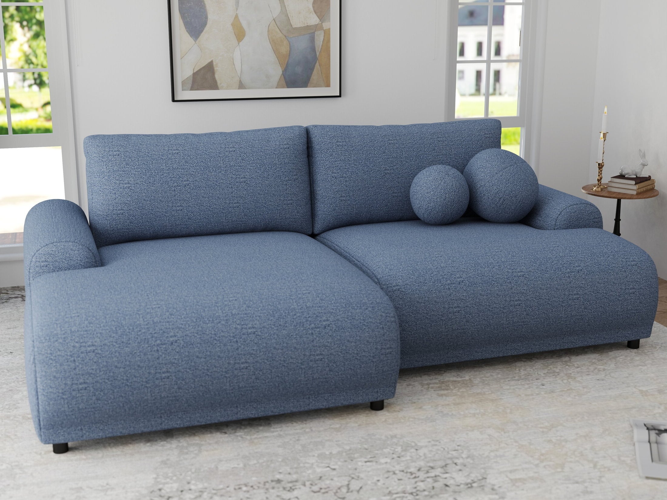 Colțar extensibil dumonde cu ladă de depozitare și șezut confortabil din spumă HR, Carlo Enjoy Albastru 240x145 cm