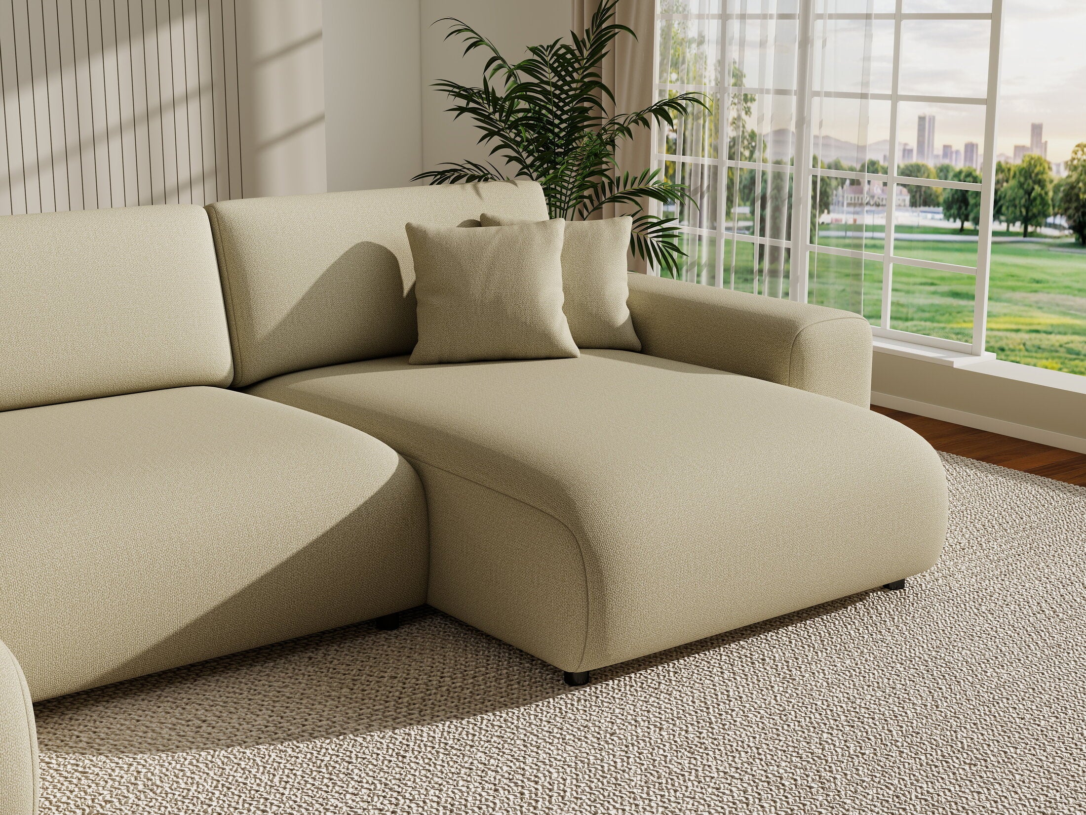 Colțar extensibil dumonde cu ladă de depozitare si sezut confortabil din spuma HR, Sarina U Enjoy Bej 350x168 cm