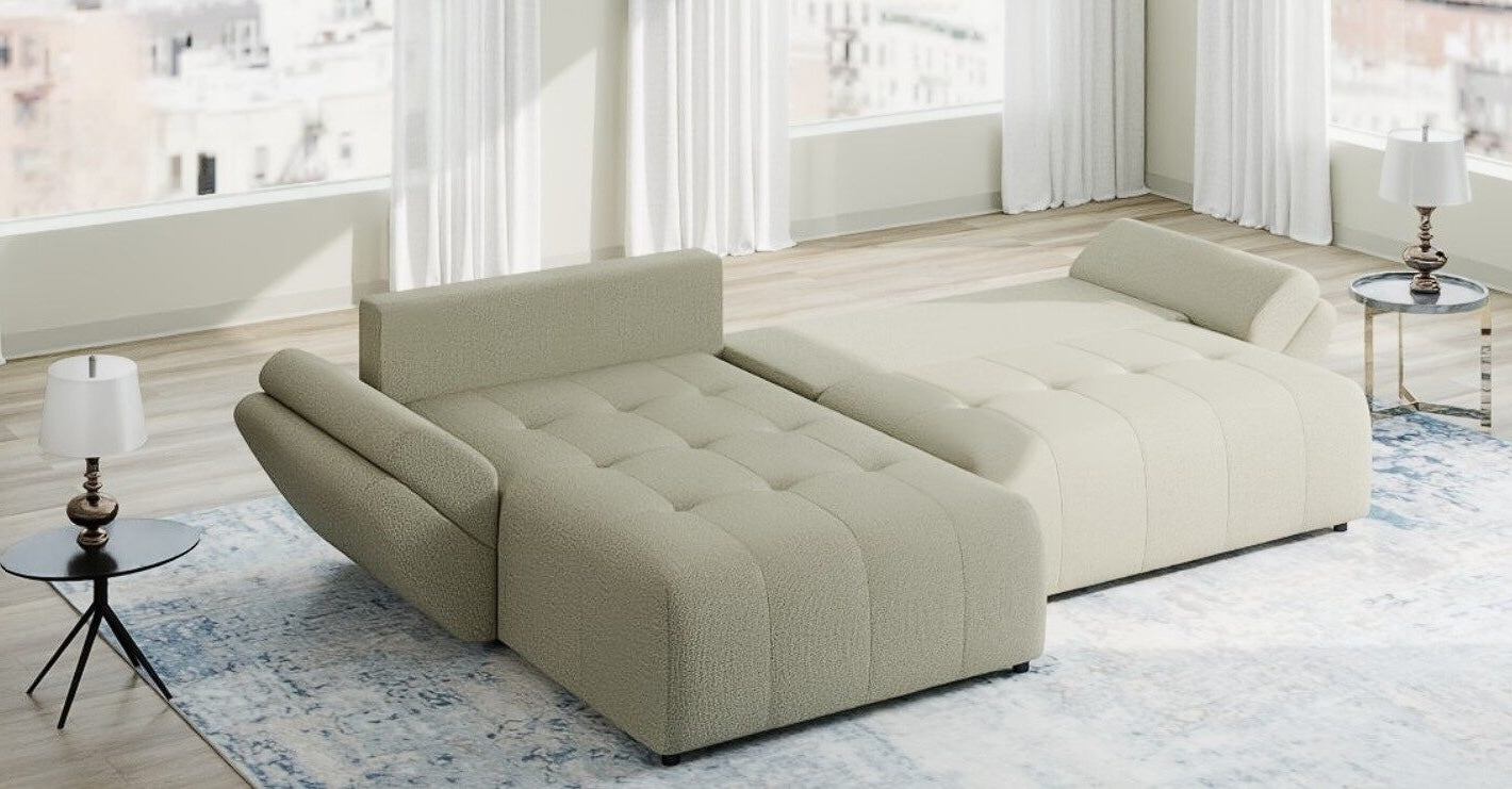 Colțar extensibil dumonde cu ladă de depozitare si sezut confortabil din spuma HR, Berlin Enjoy Bej 280x185 cm