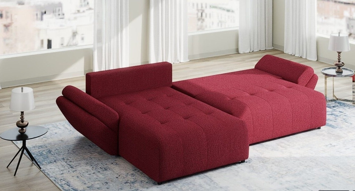 Colțar extensibil dumonde cu ladă de depozitare si sezut confortabil din spuma HR, Berlin Enjoy Rosu 280x185 cm