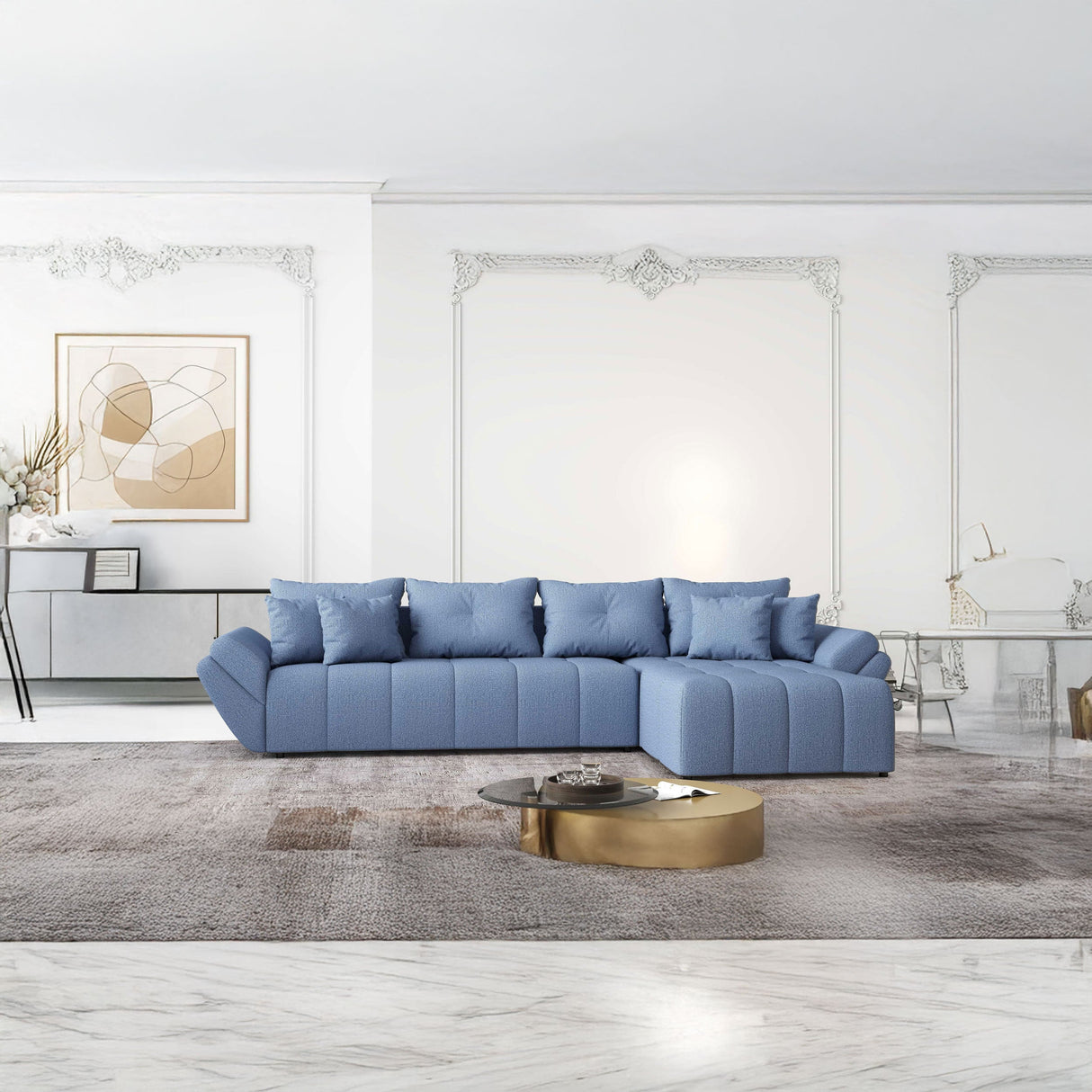 Colțar extensibil dumonde cu ladă de depozitare si sezut confortabil din spuma HR, Berlin XL Enjoy Lux Blue 350x185 cm II Fabrica