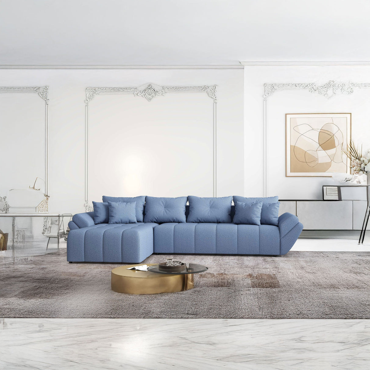 Colțar extensibil dumonde cu ladă de depozitare si sezut confortabil din spuma HR, Berlin XL Enjoy Lux Blue 350x185 cm Fabrica