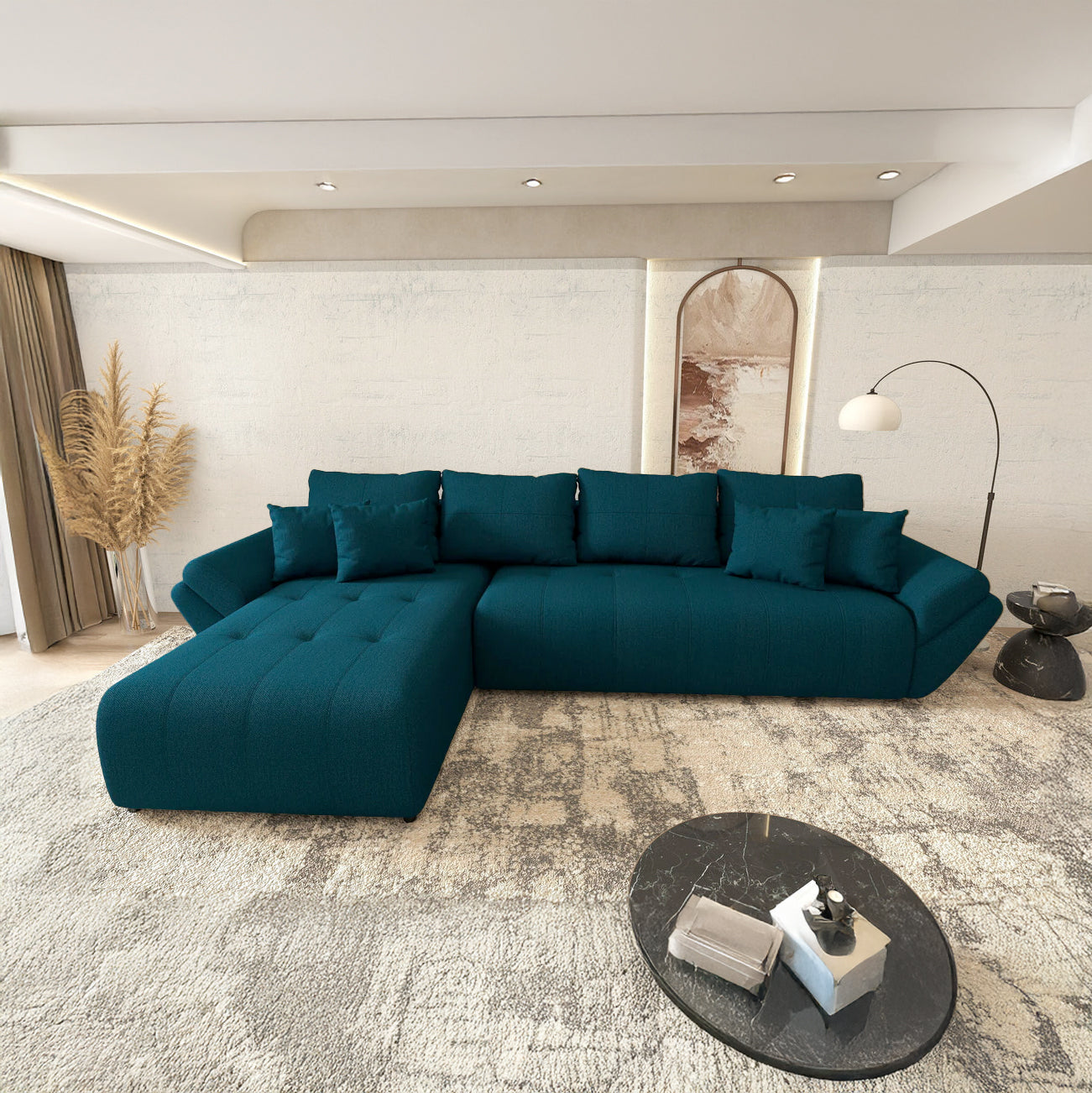 Colțar extensibil dumonde cu ladă de depozitare si sezut confortabil din spuma HR, Berlin XL Enjoy Petrol 350x185 cm