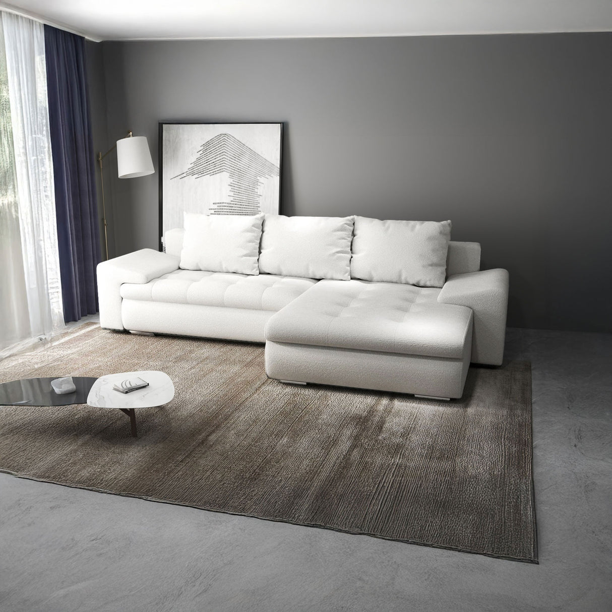 Colțar extensibil dumonde cu ladă de depozitare si sezut confortabil din spuma HR, Leonardo Euphoria Alb 255x193 cm II