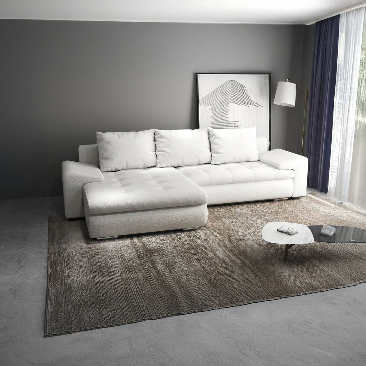 Colțar extensibil dumonde cu ladă de depozitare si sezut confortabil din spuma HR, Leonardo Euphoria Alb 255x193 cm