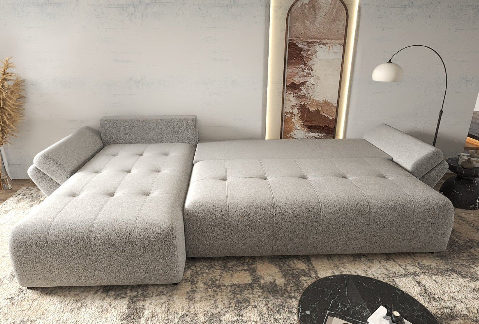 Colțar extensibil dumonde cu ladă de depozitare si sezut confortabil din spuma HR, Berlin XL Euphoria Dove 350x185 cm