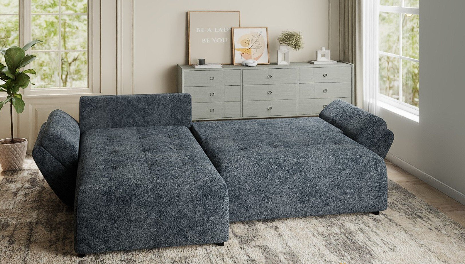 Colțar extensibil dumonde cu ladă de depozitare si sezut confortabil din spuma HR, Berlin Euphoria Gri Grafit 280x185 cm