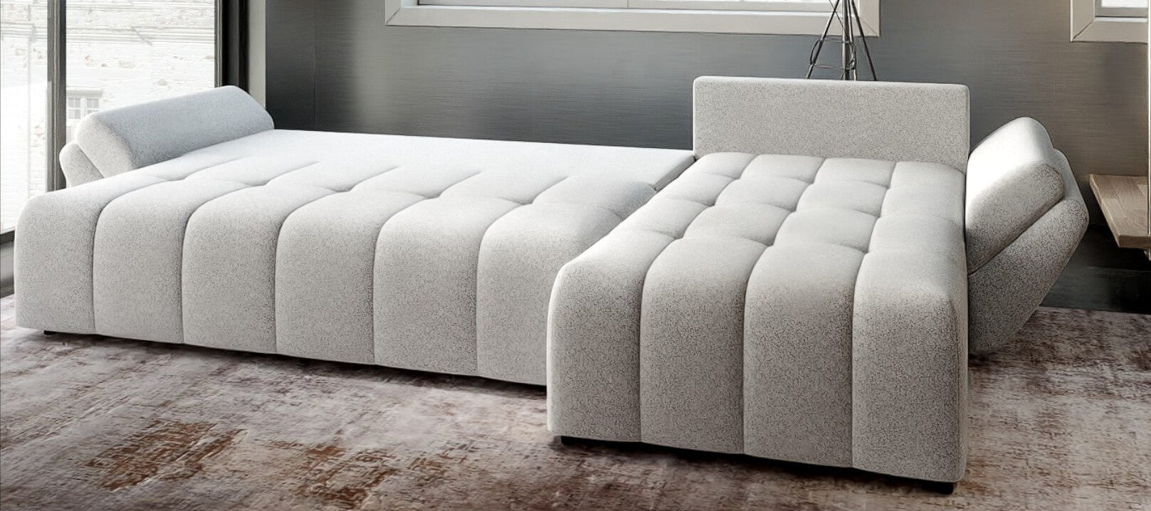 Colțar extensibil dumonde cu ladă de depozitare si sezut confortabil din spuma HR, Berlin XL Euphoria Dove 350x185 cm II Fabrica