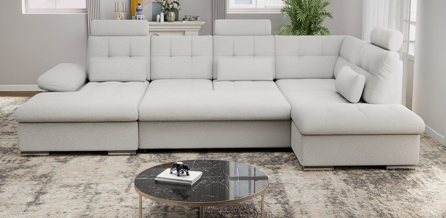 Colțar extensibil dumonde cu ladă de depozitare și șezut confortabil din spumă HR, Merkur U Euphoria Alb 324x218 cm