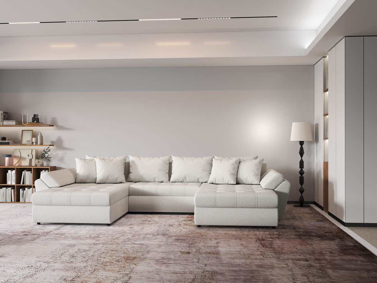 Colțar extensibil dumonde cu ladă de depozitare si sezut confortabil din spuma HR, Loana U Bej Euphoria 355x185 cm Fabrica