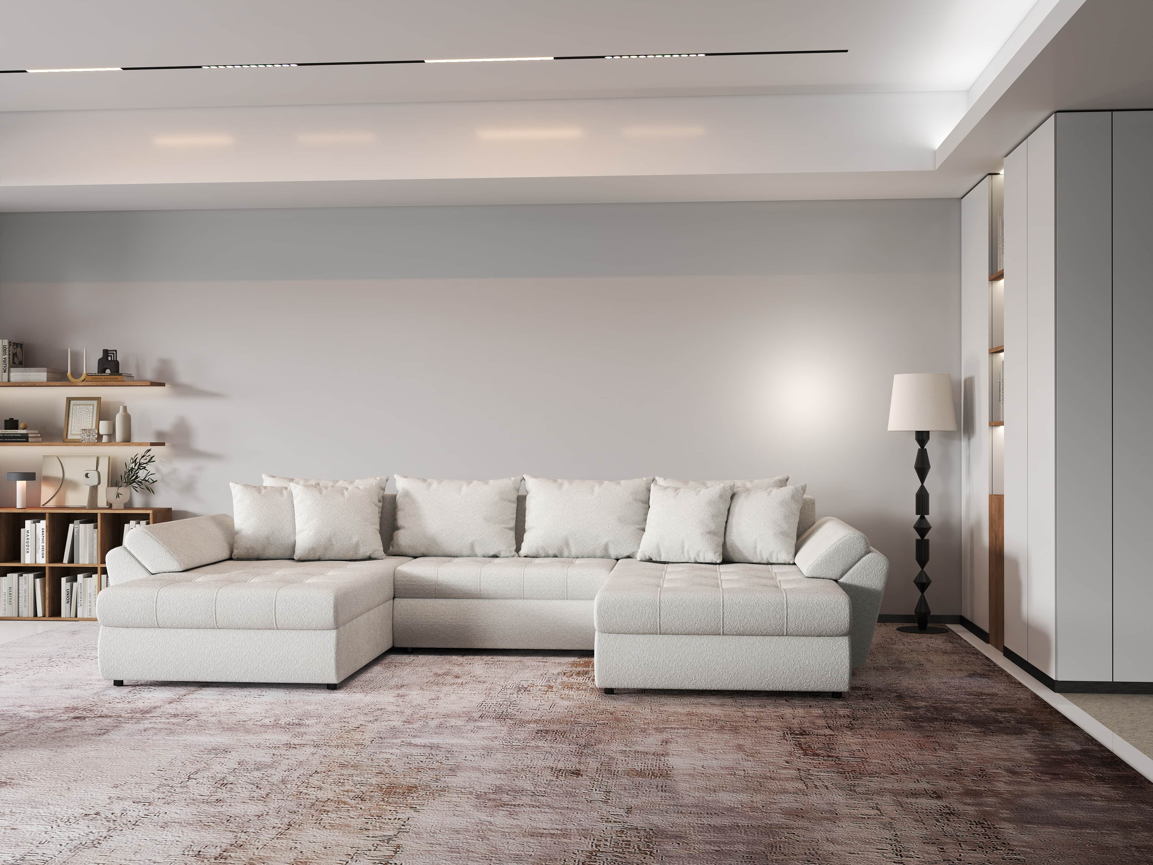 Colțar extensibil dumonde cu ladă de depozitare si sezut confortabil din spuma HR, Loana U Bej Euphoria 355x185 cm Fabrica