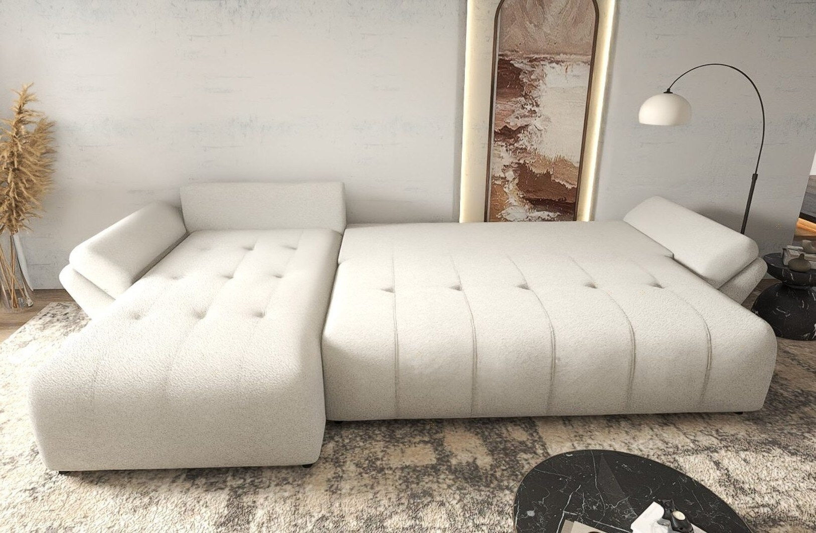 Colțar extensibil dumonde cu ladă de depozitare si sezut confortabil din spuma high-density, Berlin XL Quelle Gri 83 II 350x185 cm