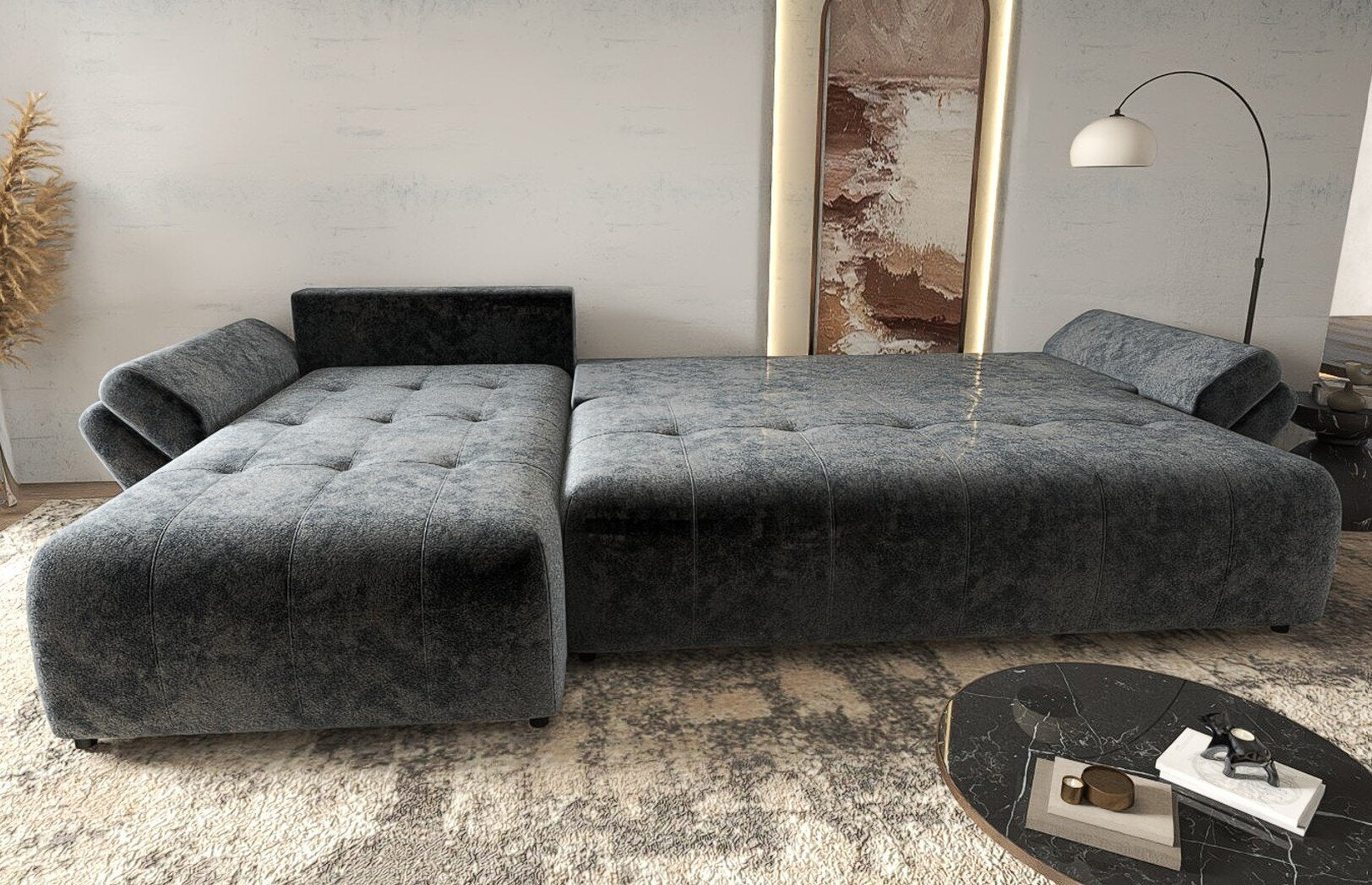 Colțar extensibil dumonde cu ladă de depozitare si sezut confortabil din spuma HR, Berlin XL Euphoria Graphite 350x185 cm