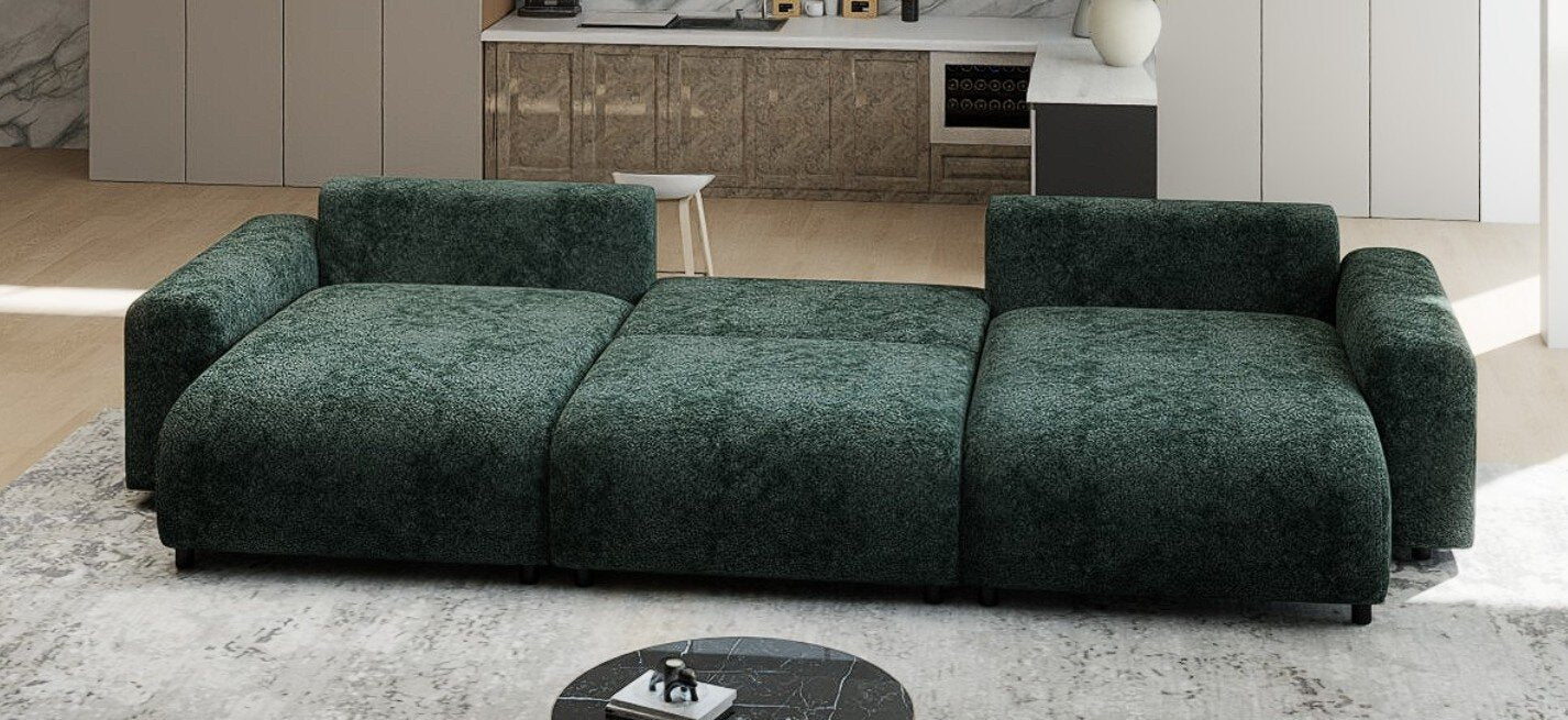 Colțar extensibil dumonde cu ladă de depozitare si sezut confortabil din spuma HR, Luma U Euphoria Verde 336x140 cm