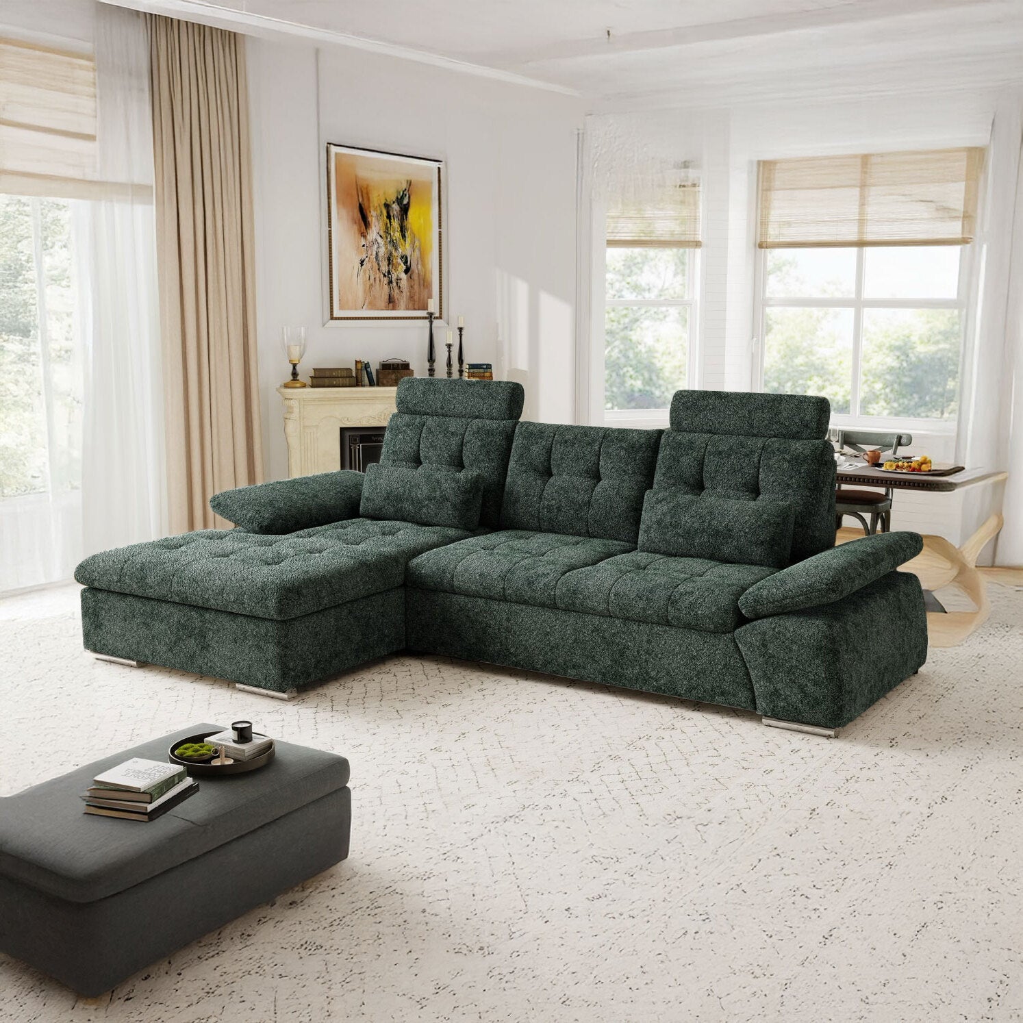 Colțar extensibil dumonde cu ladă de depozitare și șezut confortabil din spumă HR, Merkur Euphoria Verde 270x168 cm