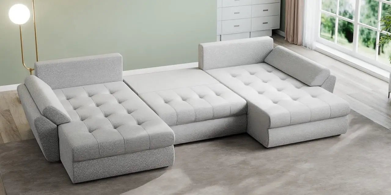 Colțar extensibil dumonde cu ladă de depozitare si sezut confortabil din spuma HR, Loana U Euphoria Dove 355x185 cm Fabrica