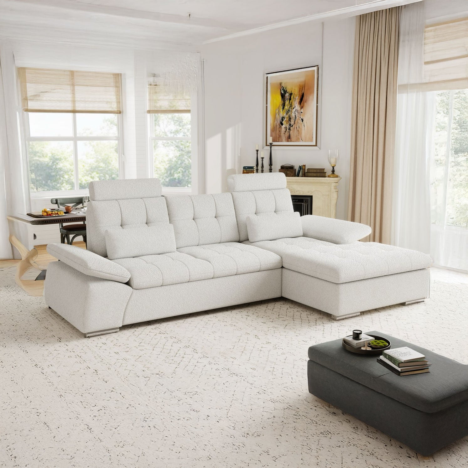 Colțar extensibil dumonde cu ladă de depozitare și șezut confortabil din spumă HR, Merkur Euphoria Alb 270x168 cm II