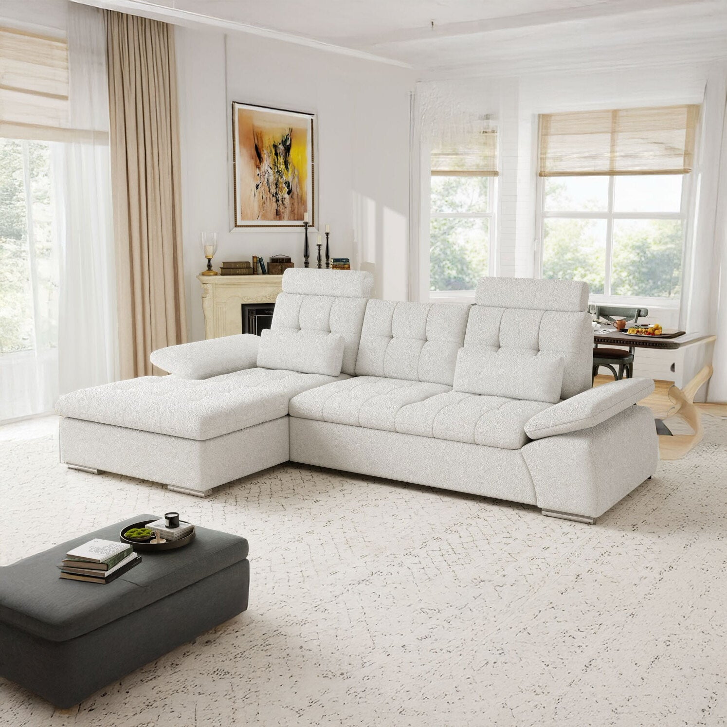 Colțar extensibil dumonde cu ladă de depozitare și șezut confortabil din spumă HR, Merkur Euphoria Alb 270x168 cm