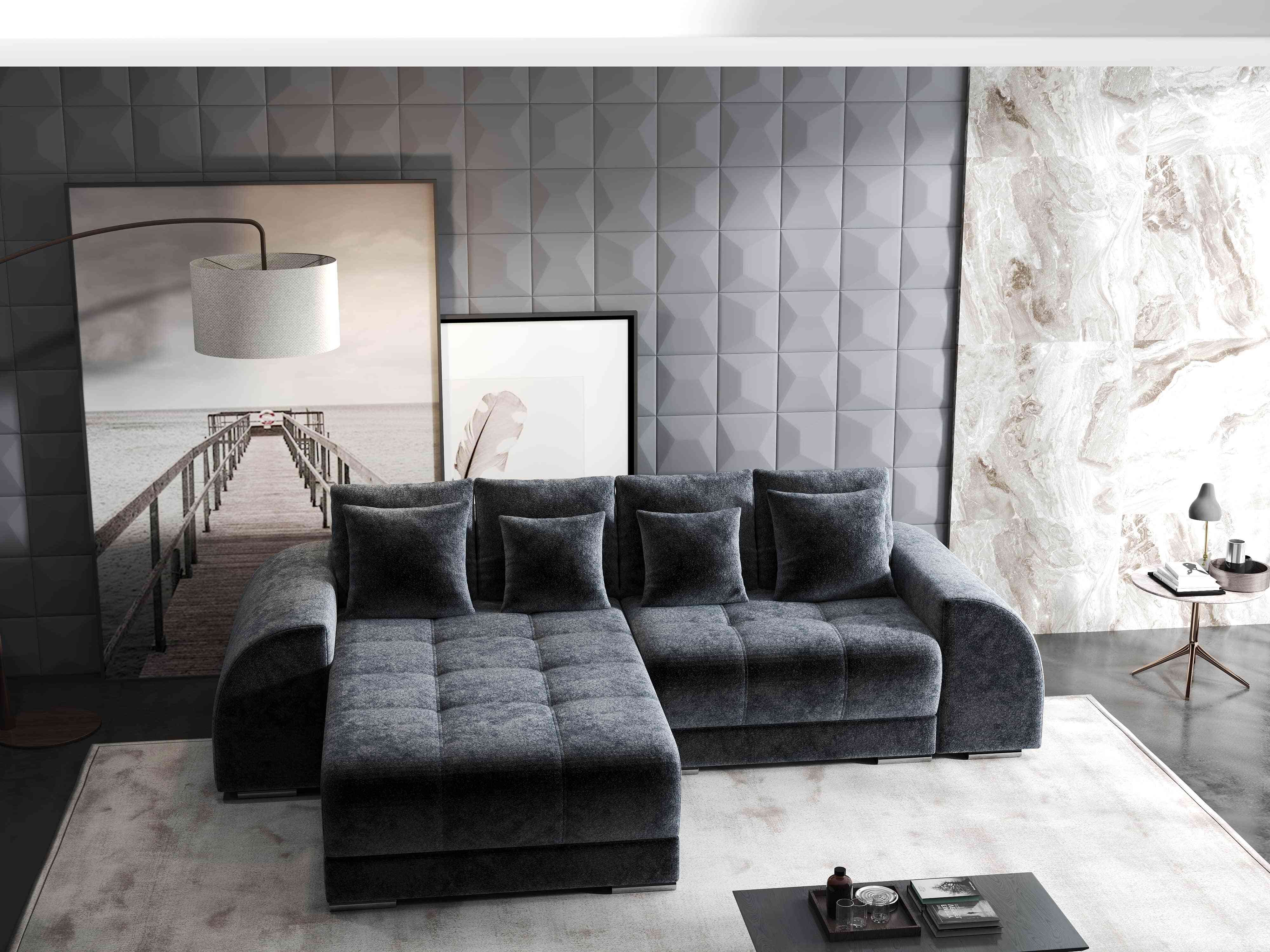 Colțar extensibil dumonde cu ladă de depozitare si sezut confortabil din spuma HR, Verona Euphoria Grafit 290x185 cm Fabrica