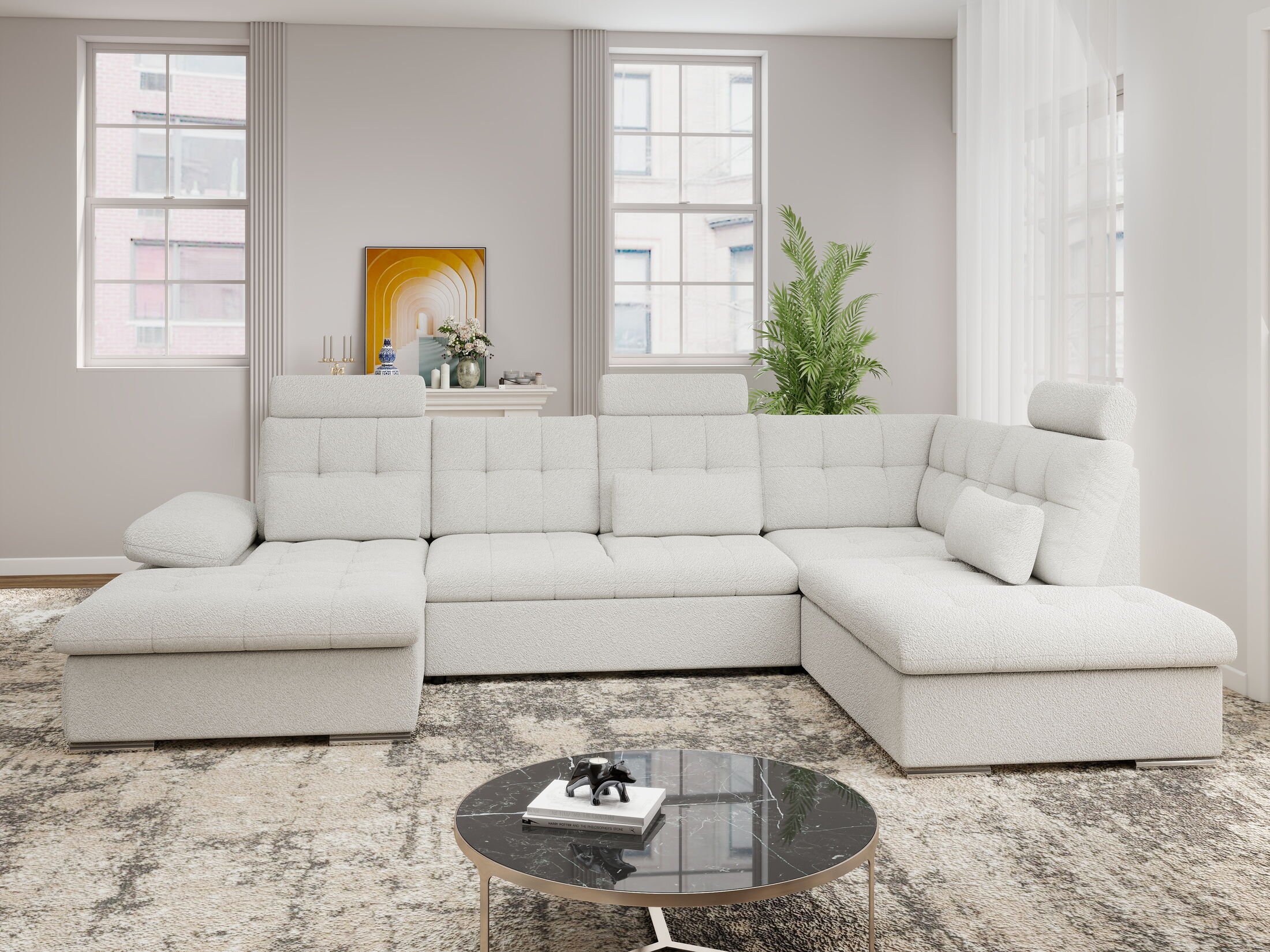 Colțar extensibil dumonde cu ladă de depozitare și șezut confortabil din spumă HR, Merkur U Euphoria Alb 324x218 cm