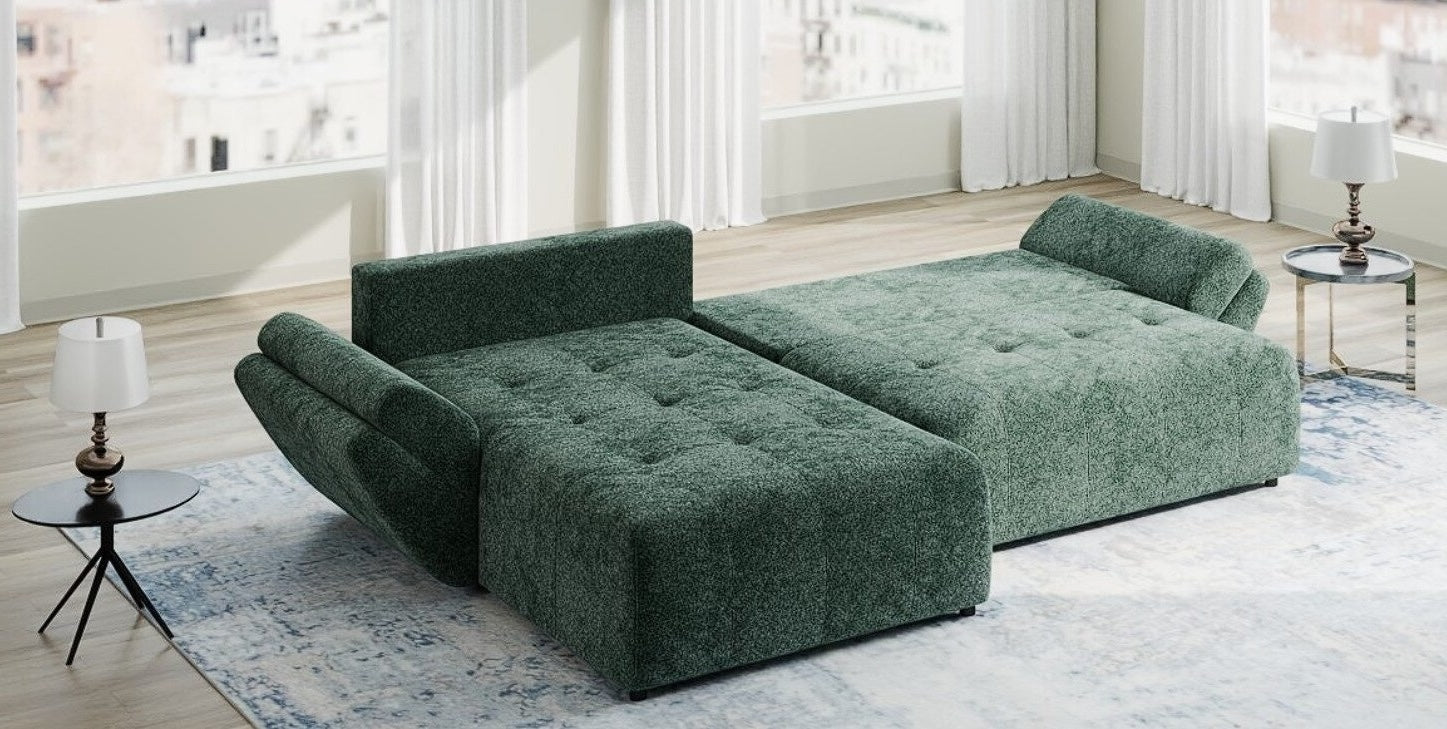 Colțar extensibil dumonde cu ladă de depozitare si sezut confortabil din spuma HR, Berlin Euphoria Verde 280x185 cm