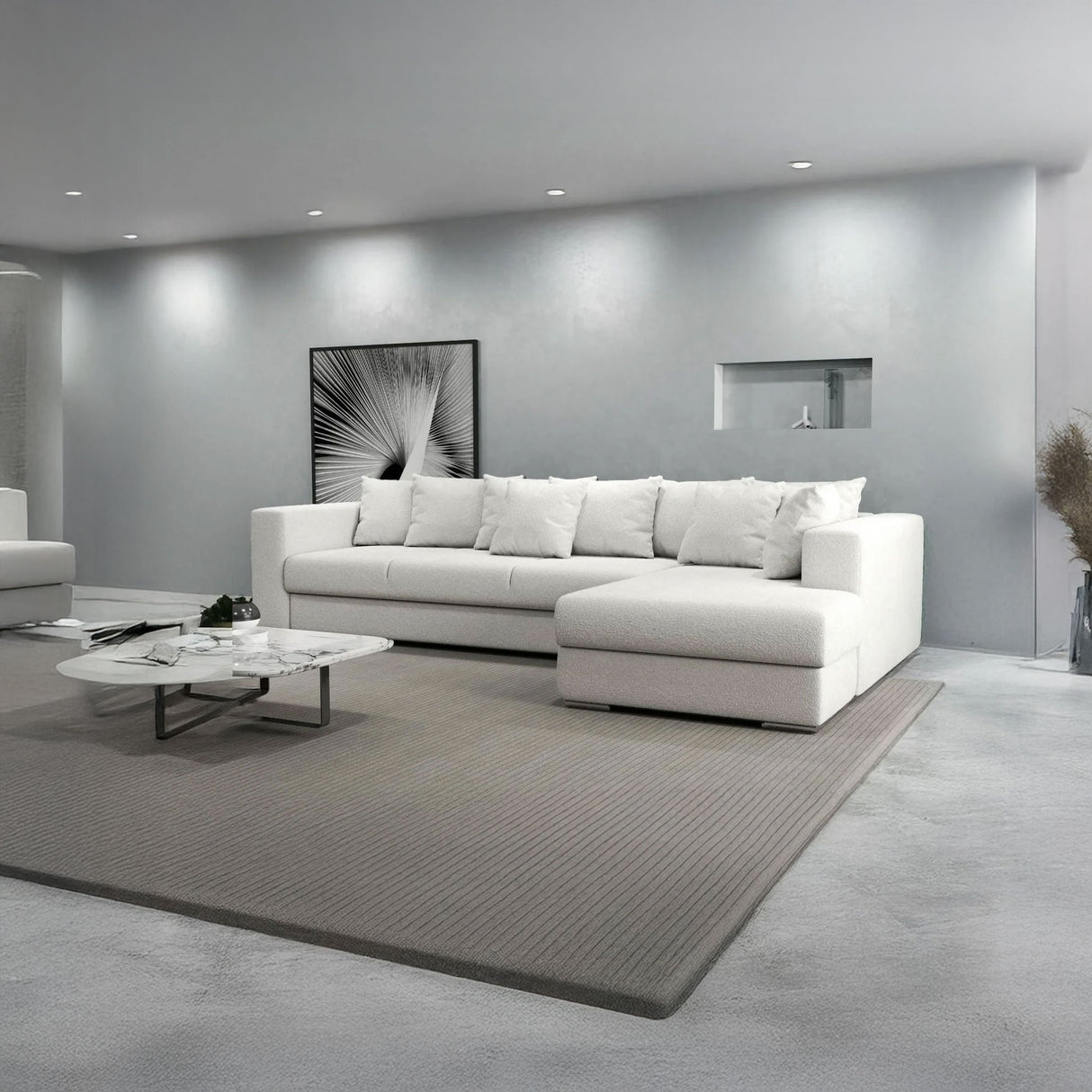 Colțar extensibil dumonde cu ladă de depozitare si sezut confortabil din spuma HR, Gloria Alb Euphoria II 320x183 cm