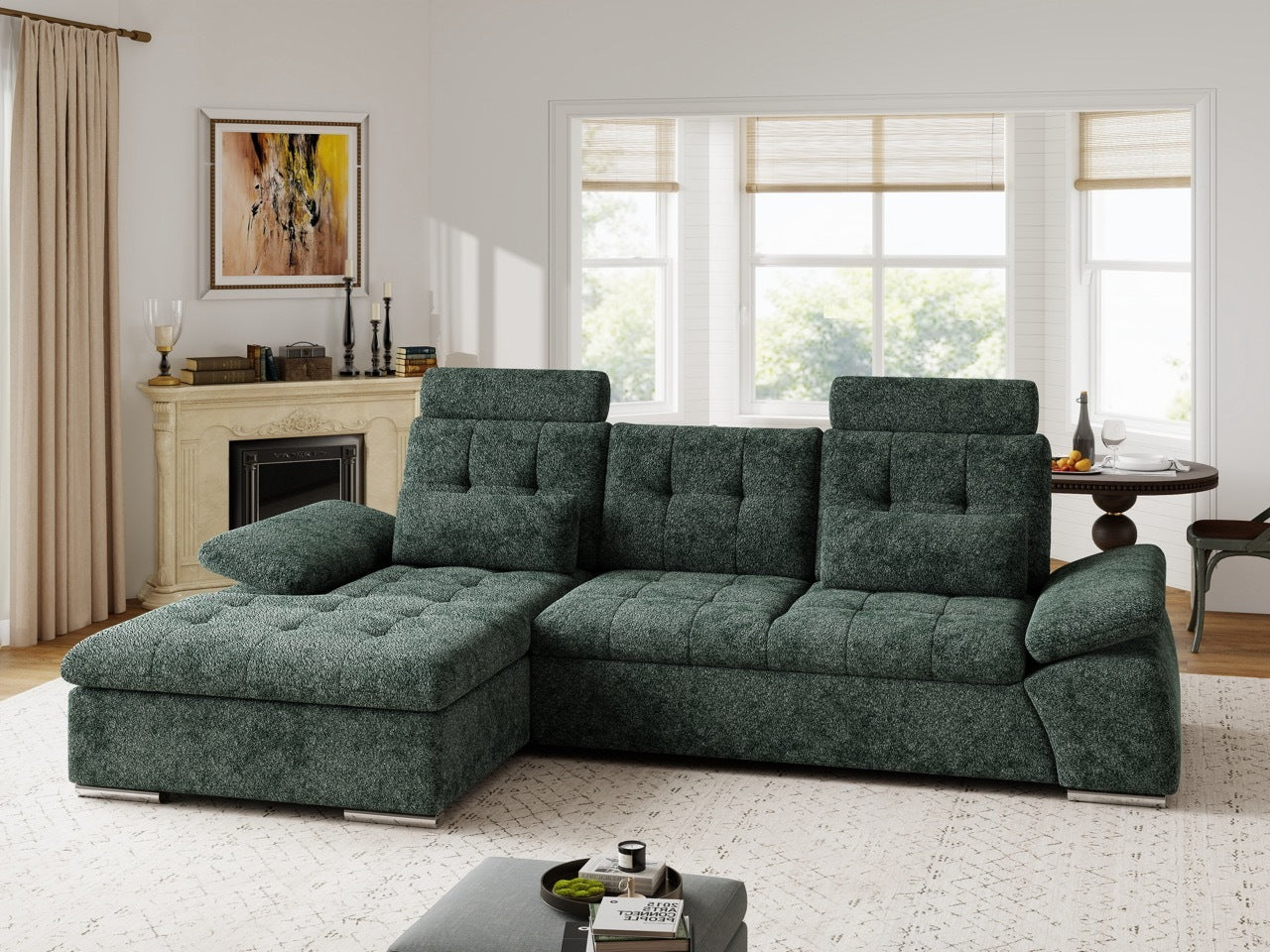 Colțar extensibil dumonde cu ladă de depozitare și șezut confortabil din spumă HR, Merkur Euphoria Verde 270x168 cm