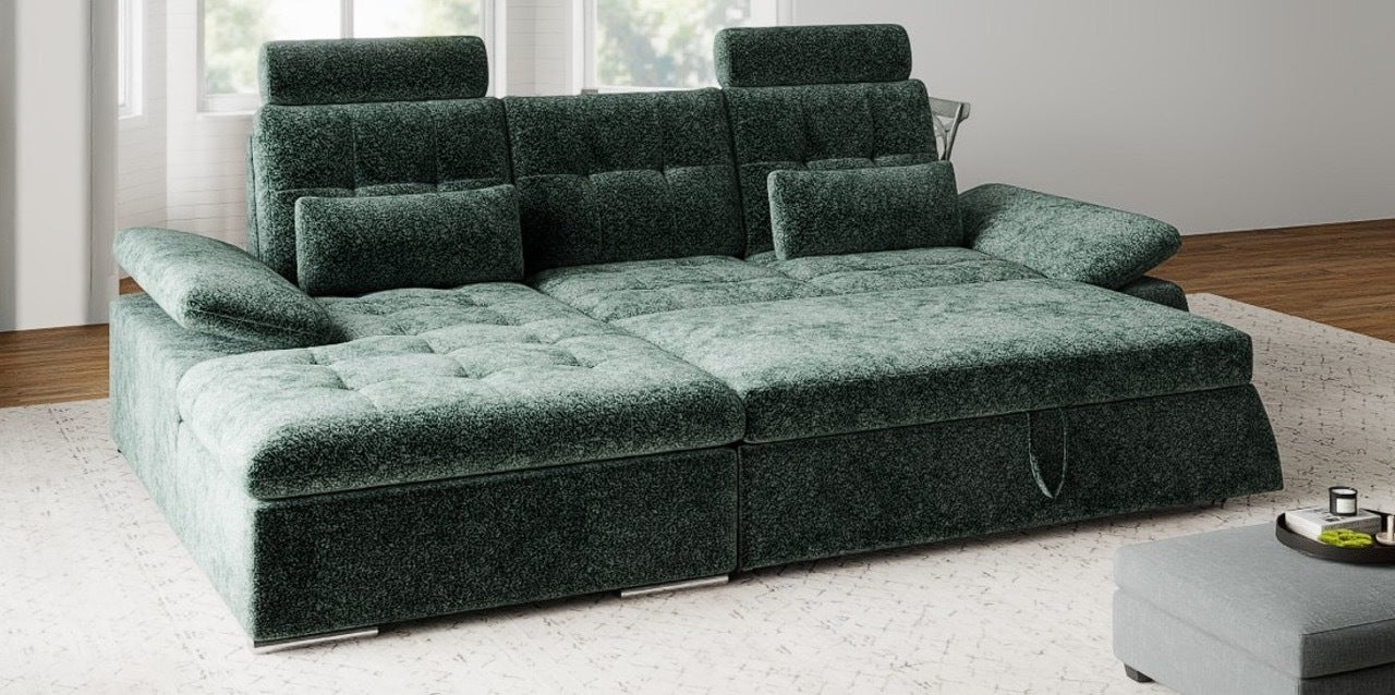 Colțar extensibil dumonde cu ladă de depozitare și șezut confortabil din spumă HR, Merkur Euphoria Verde 270x168 cm