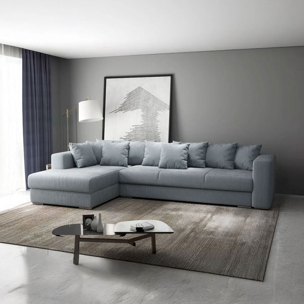 Colțar extensibil dumonde cu ladă de depozitare si sezut confortabil din spuma HR, Gloria Zoom Grey 320x183 cm Fabrica