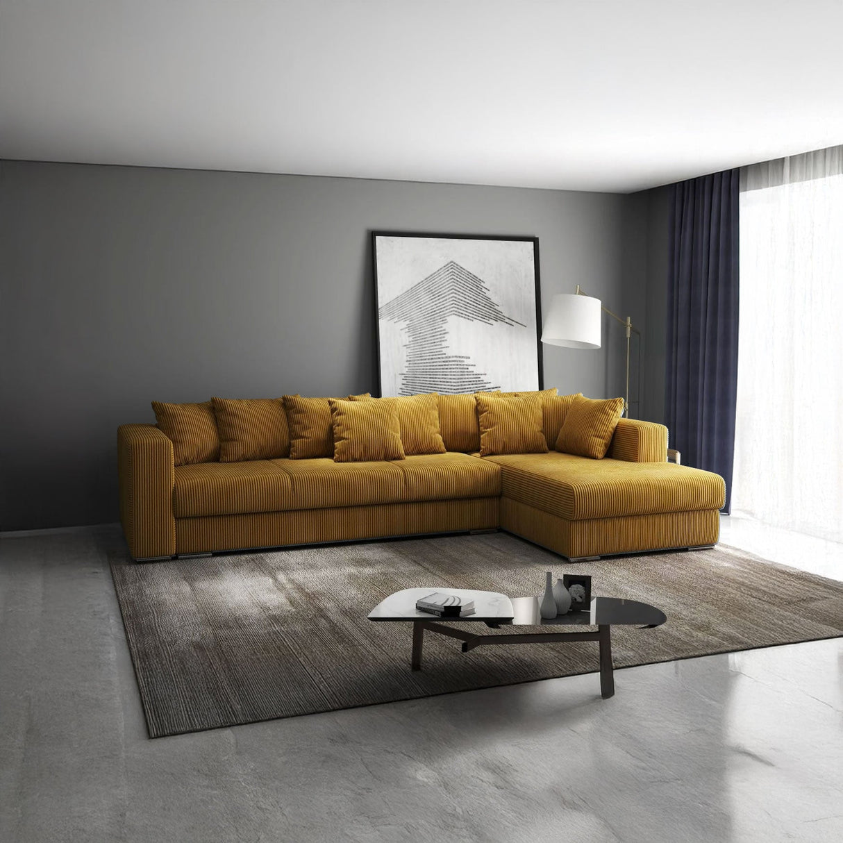 Colțar extensibil dumonde cu ladă de depozitare si sezut confortabil din spuma HR, Gloria Mustar Zoom II 320x183 cm Fabrica