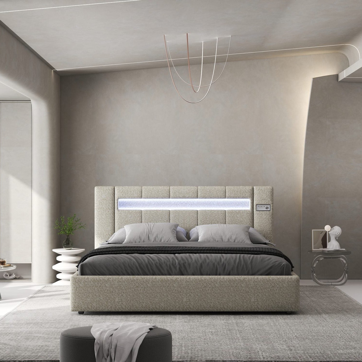 Pat dormitor dumonde, tapitat bej, Glow 140x200 cm, somiera rabatabila inclusa, spatiu depozitare