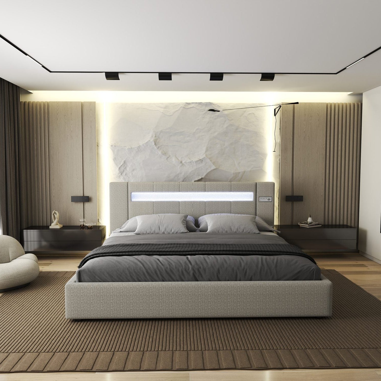 Pat dormitor dumonde, tapitat Gri, Glow 140x200 cm, somiera rabatabila inclusa, spatiu depozitare