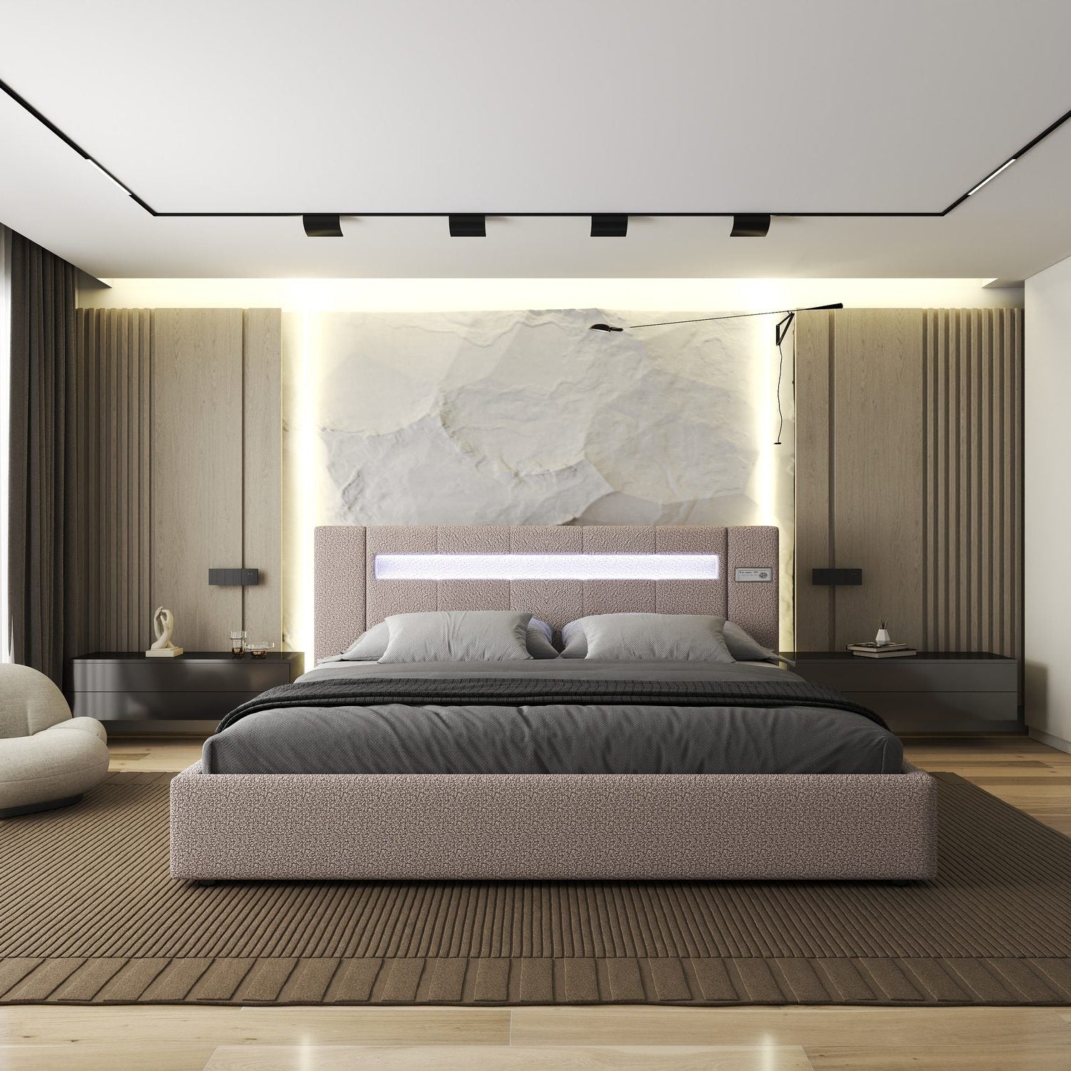 Pat dormitor dumonde, tapitat Roz, Glow 160x200 cm, somiera rabatabila inclusa, spatiu depozitare