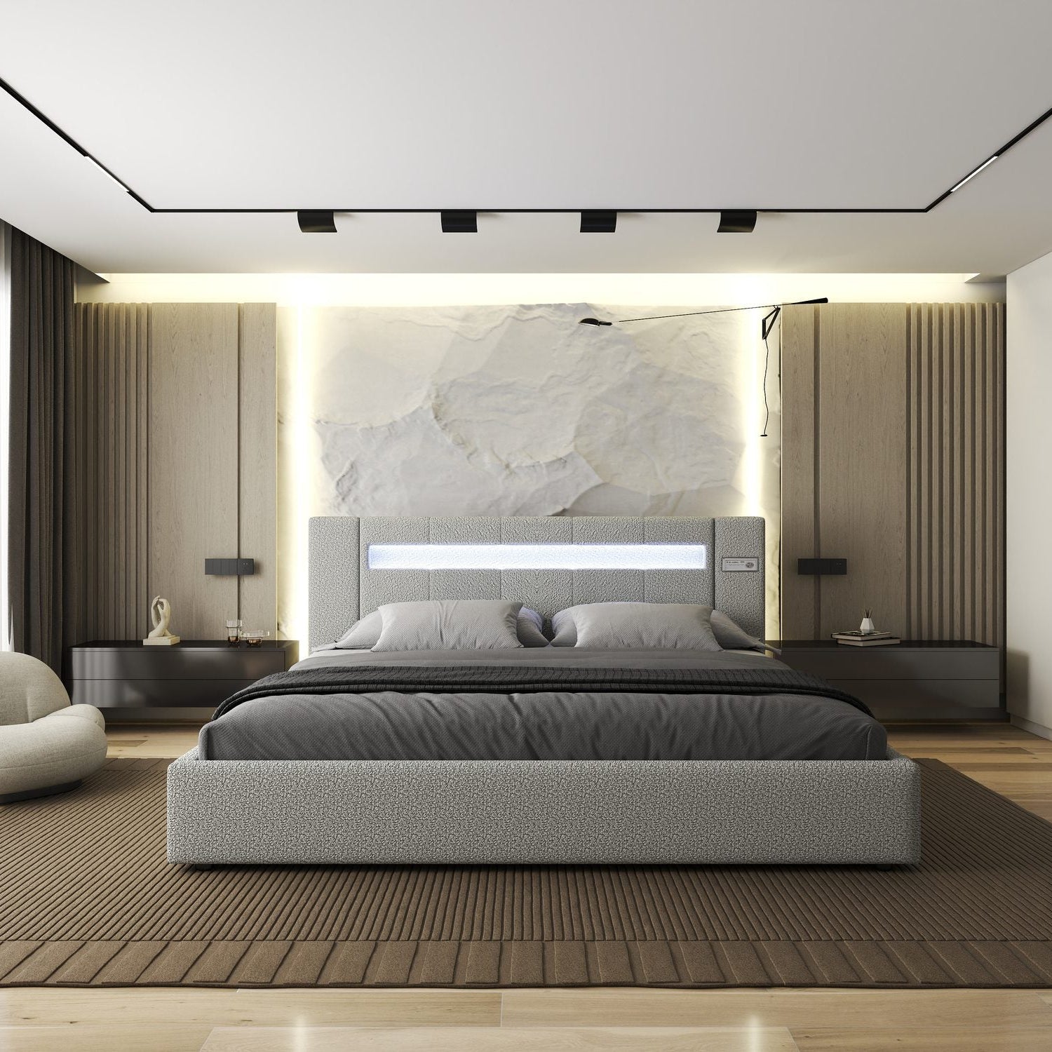 Pat dormitor dumonde, tapitat Gri, Glow 160x200 cm, somiera rabatabila inclusa, spatiu depozitare