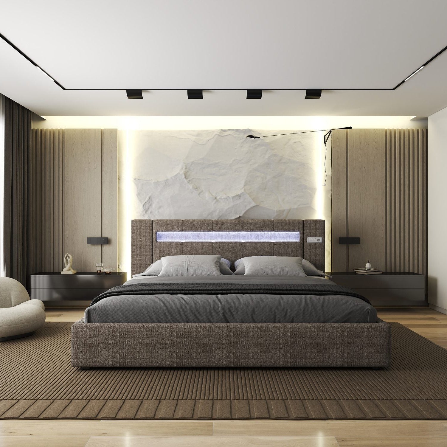 Pat dormitor dumonde, tapitat maro, Glow 180x200 cm, somiera rabatabila inclusa, spatiu depozitare