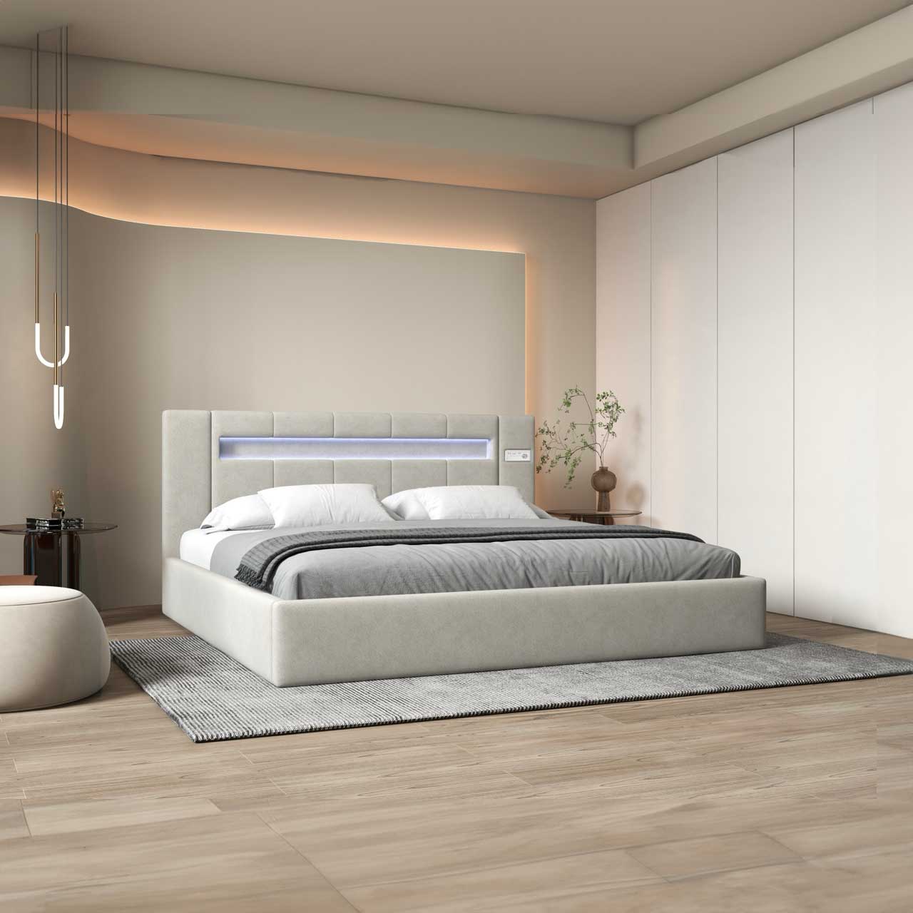 Pat dormitor dumonde, tapitat bej cu LED si SISTEM AUDIO, Glow 160x200 cm, somiera rabatabila inclusa, spatiu depozitare WLS