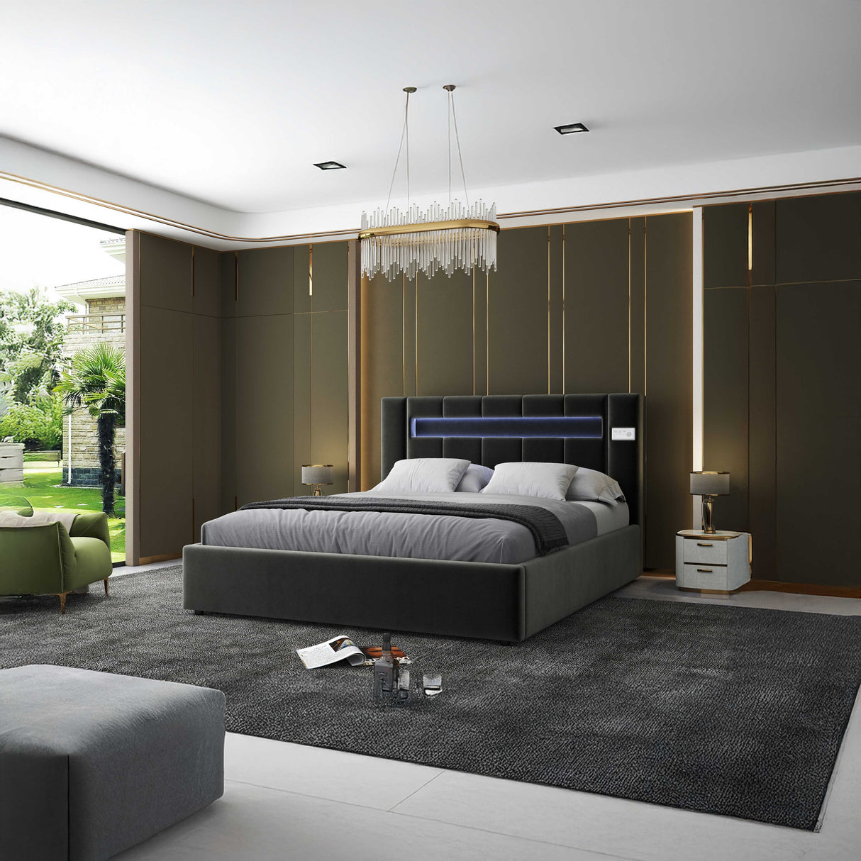 Pat dormitor dumonde, tapitat gri cu LED si SISTEM AUDIO, Glow 180x200 cm, somiera rabatabila inclusa, spatiu depozitare