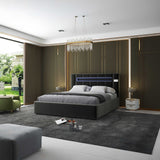 Pat dormitor dumonde, tapitat gri cu LED si SISTEM AUDIO, Glow 180x200 cm, somiera rabatabila inclusa, spatiu depozitare